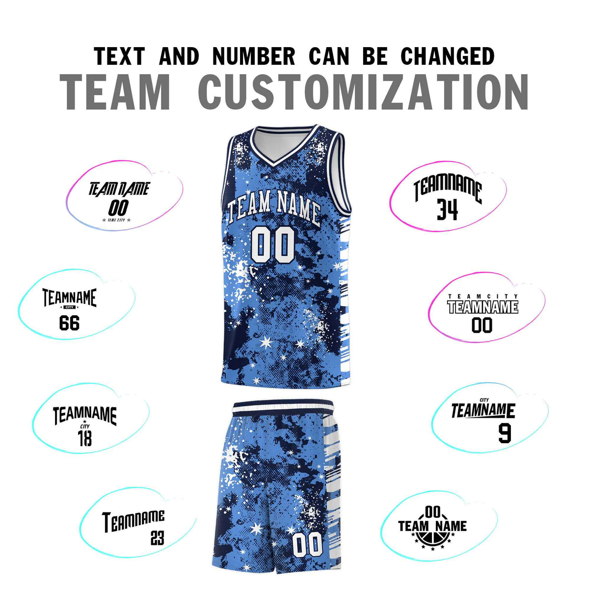 Custom Powder Blue Navy Vice Burst Galactic Graffiti Drapable Basketball Jersey