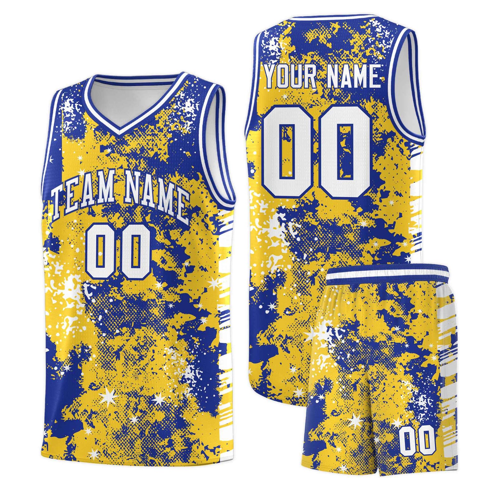 Custom Gold Royal Blue Vice Burst Galactic Graffiti Sublimation Printing Basketball Jersey