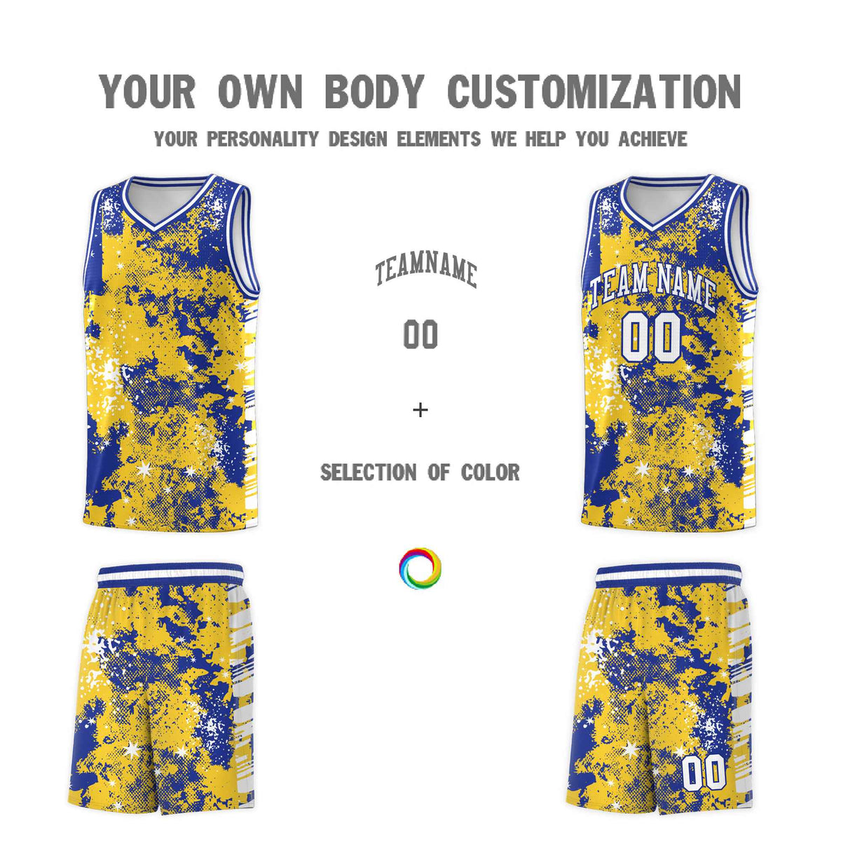 Custom Gold Royal Blue Vice Burst Galactic Graffiti Sublimation Printing Basketball Jersey