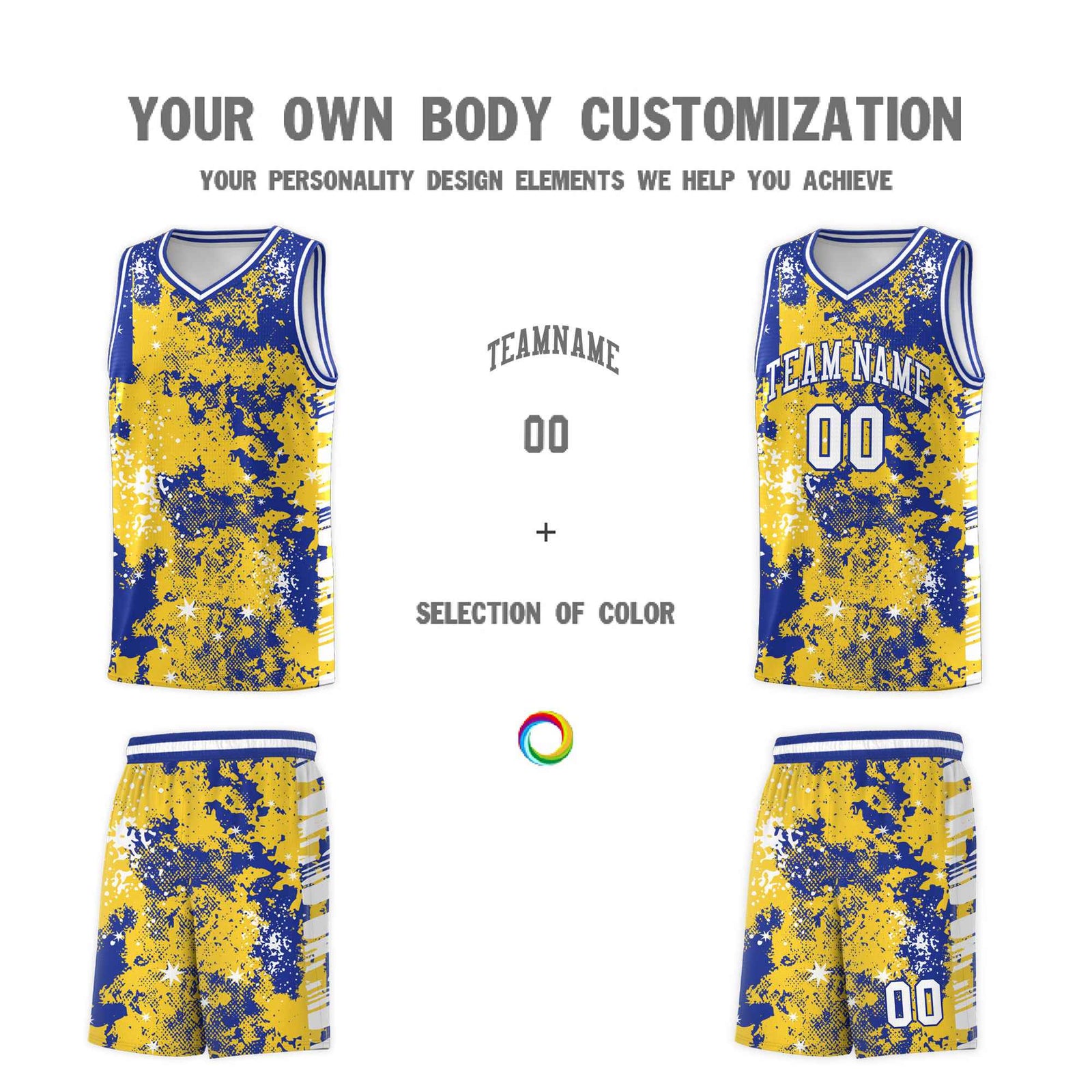 Custom Gold Royal Blue Vice Burst Galactic Graffiti Sublimation Printing Basketball Jersey