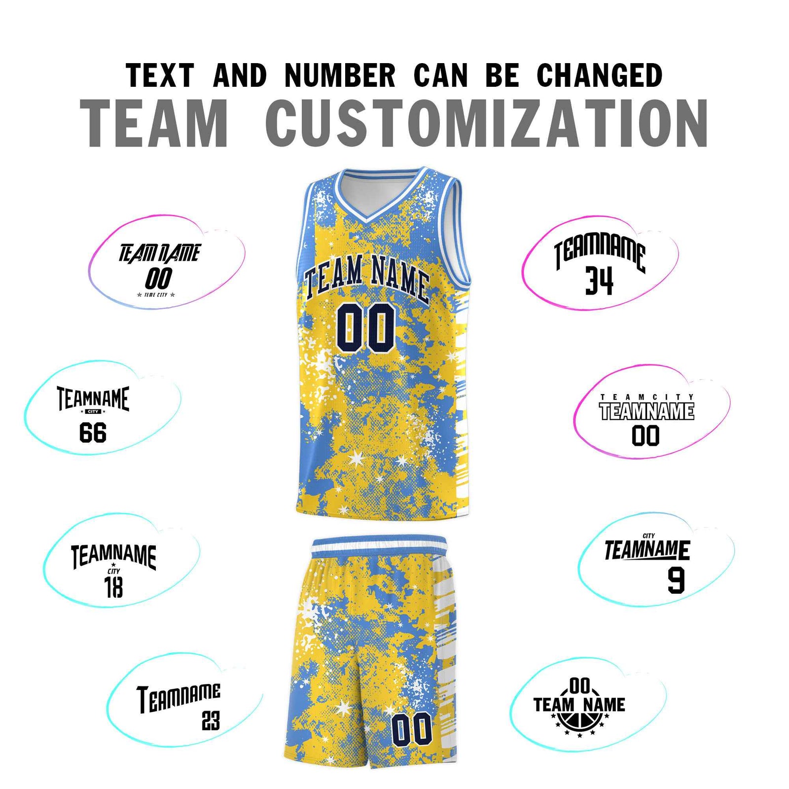 Custom Gold Powder Blue Vice Burst Galactic Graffiti Stretch Fabric Basketball Jersey