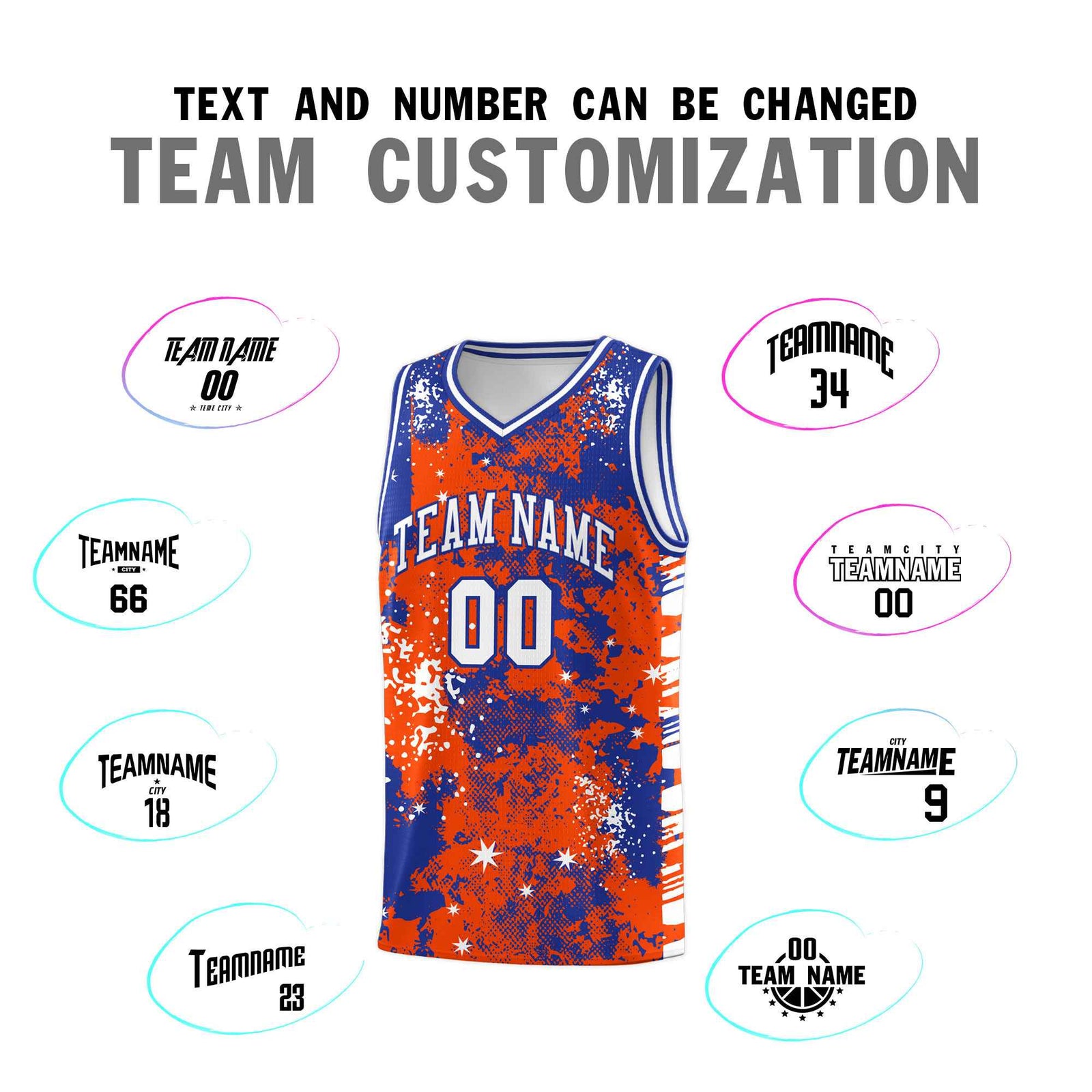 Custom Orange Royal Blue Vice Burst Galactic Graffiti Moisture-Wicking Basketball Jersey