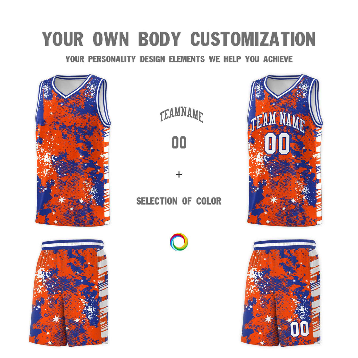 Custom Orange Royal Blue Vice Burst Galactic Graffiti Moisture-Wicking Basketball Jersey