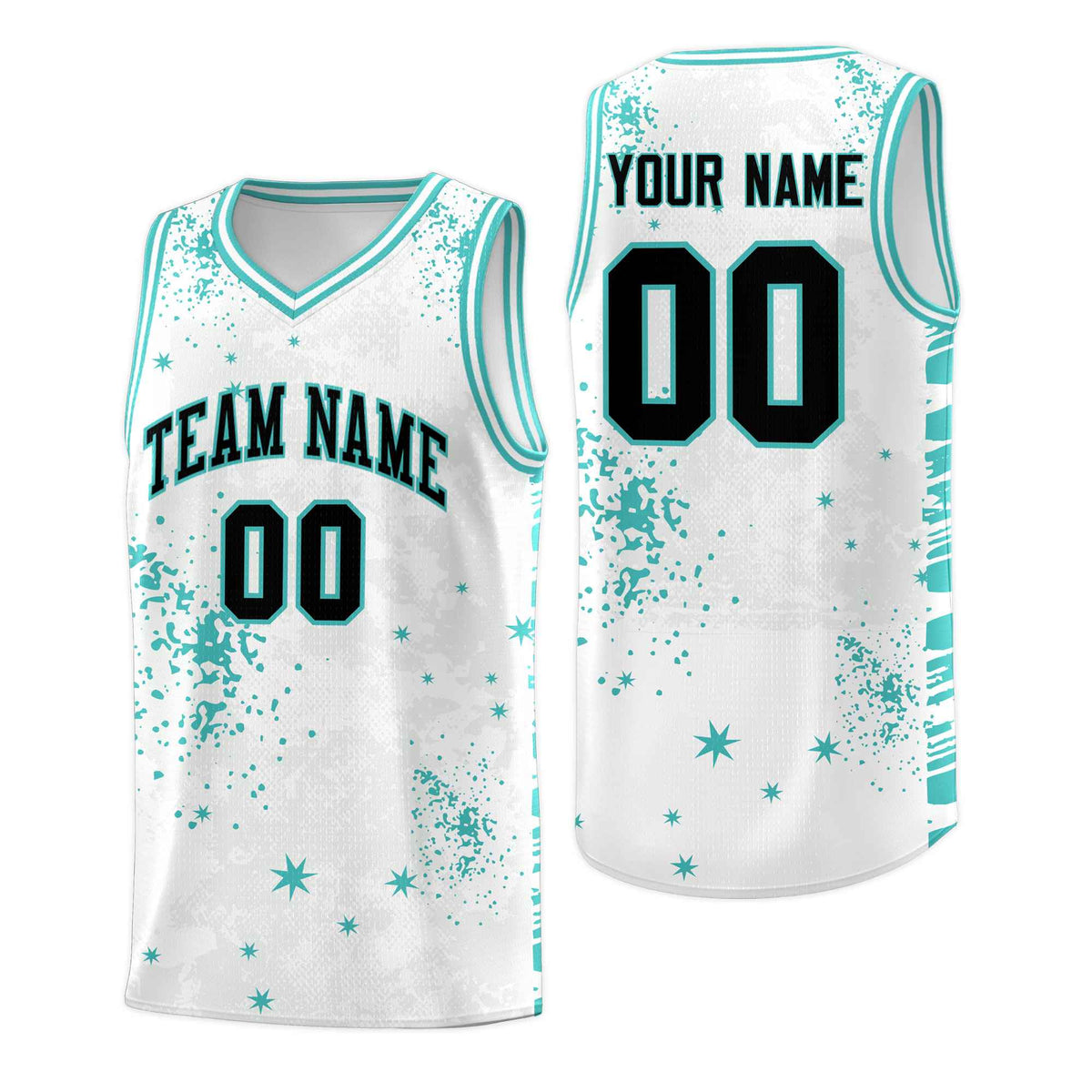 Custom White Light Teal Vice Burst Galactic Graffiti Sublimation Printing Basketball Jersey
