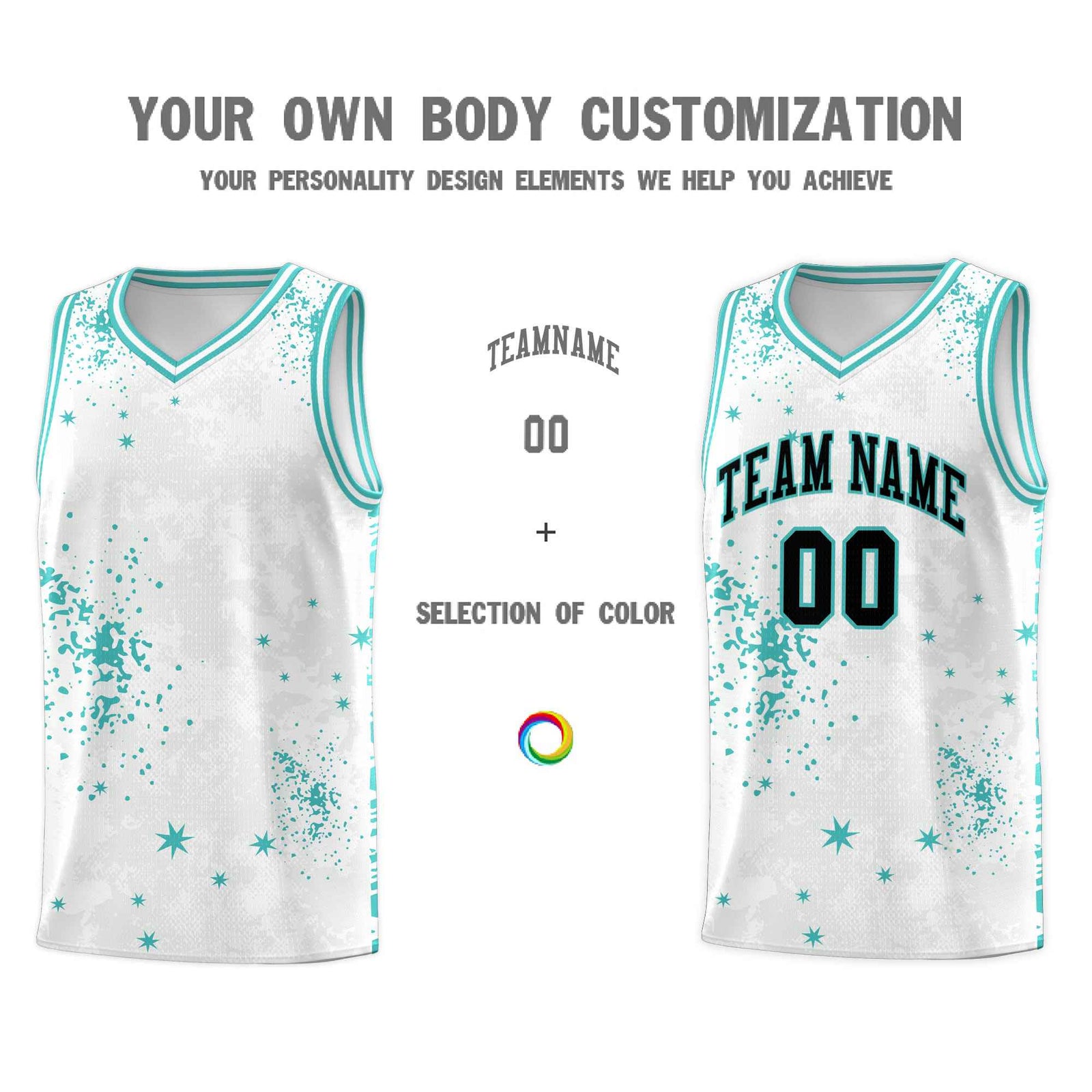 Custom White Light Teal Vice Burst Galactic Graffiti Sublimation Printing Basketball Jersey