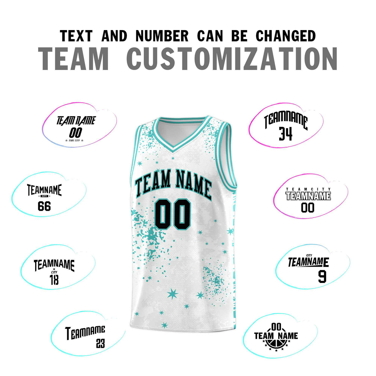 Custom White Light Teal Vice Burst Galactic Graffiti Sublimation Printing Basketball Jersey