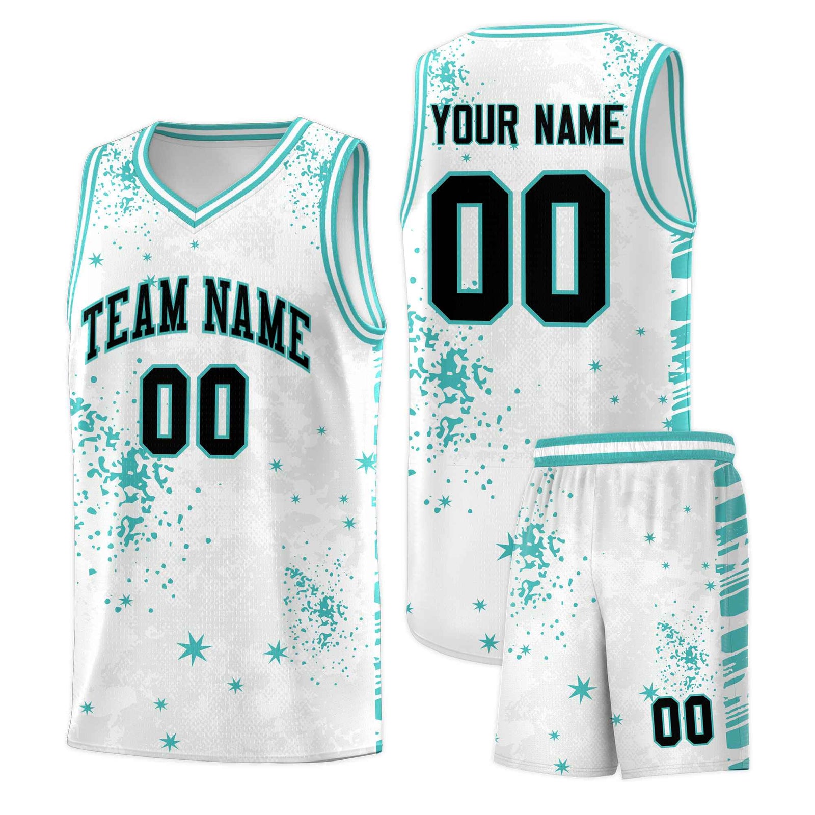 Custom White Light Teal Vice Burst Galactic Graffiti Sublimation Printing Basketball Jersey
