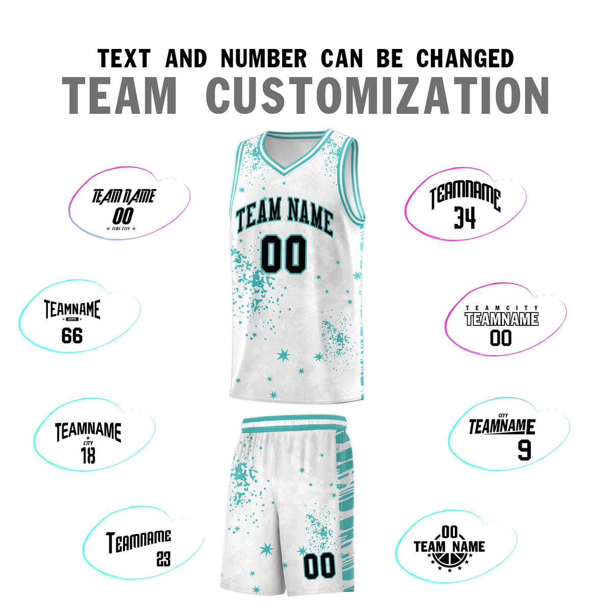 Custom White Light Teal Vice Burst Galactic Graffiti Sublimation Printing Basketball Jersey