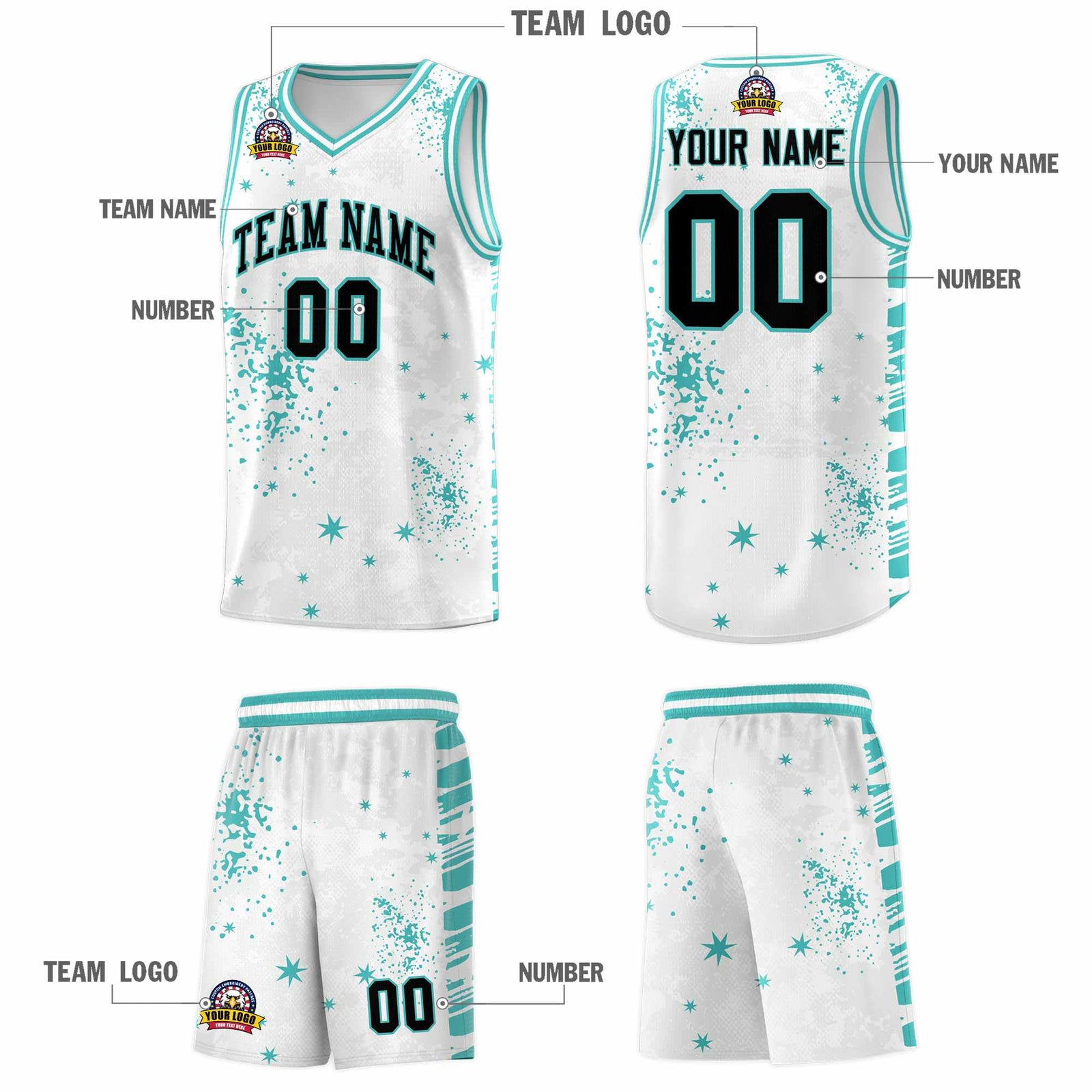 Custom White Light Teal Vice Burst Galactic Graffiti Sublimation Printing Basketball Jersey