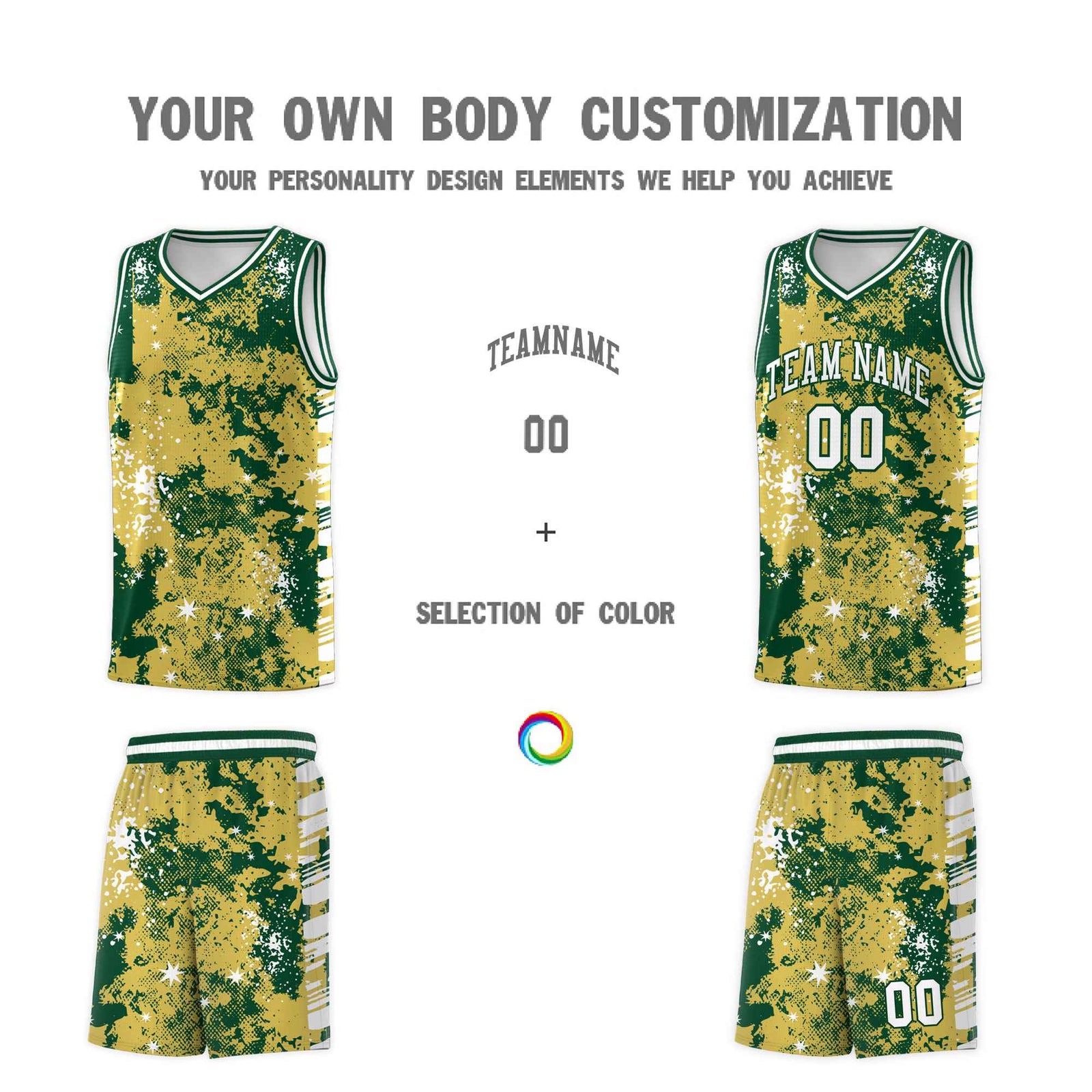 Custom Old Gold Kelly Green Vice Burst Galactic Graffiti Moisture-Wicking Basketball Jersey