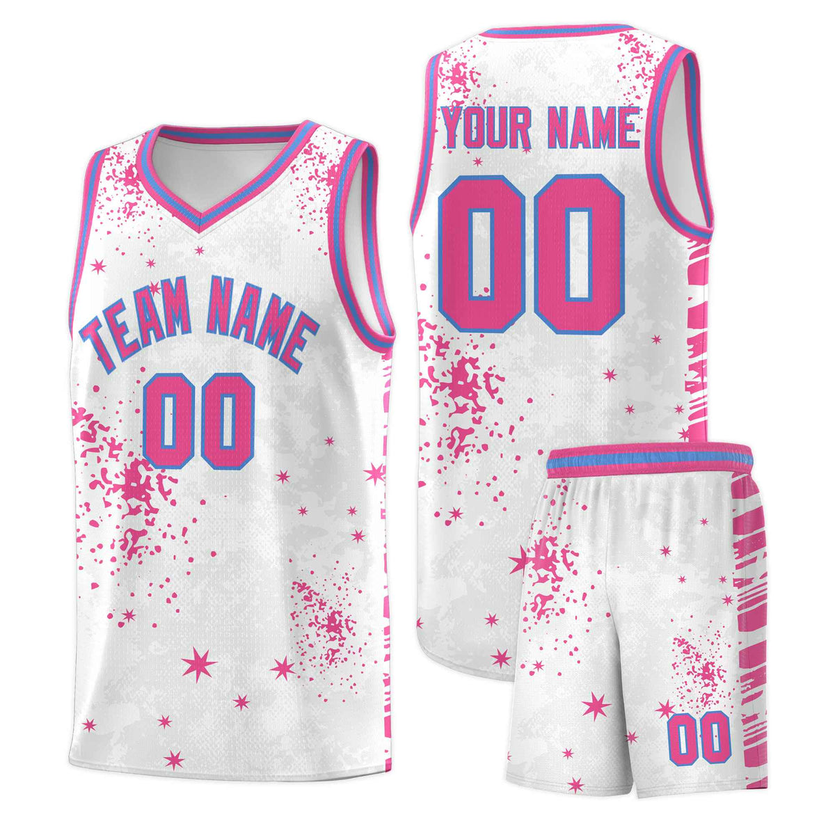 Custom Pink Powder Blue Vice Burst Galactic Graffiti Sublimation Printing Basketball Jersey