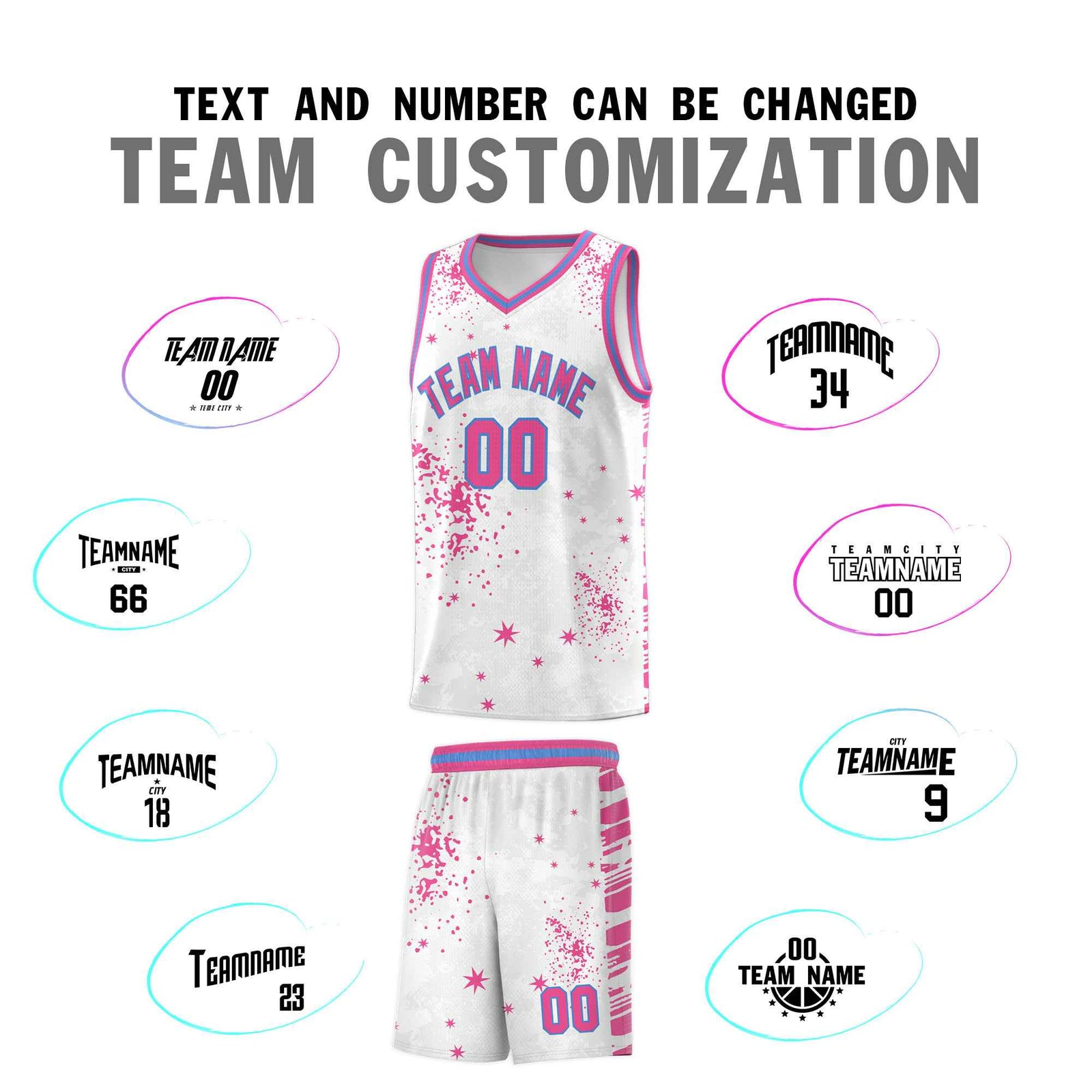 Custom Pink Powder Blue Vice Burst Galactic Graffiti Sublimation Printing Basketball Jersey