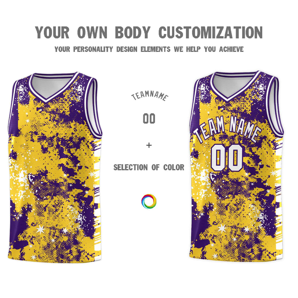 Custom Gold Purple Vice Burst Galactic Graffiti Drapable Basketball Jersey
