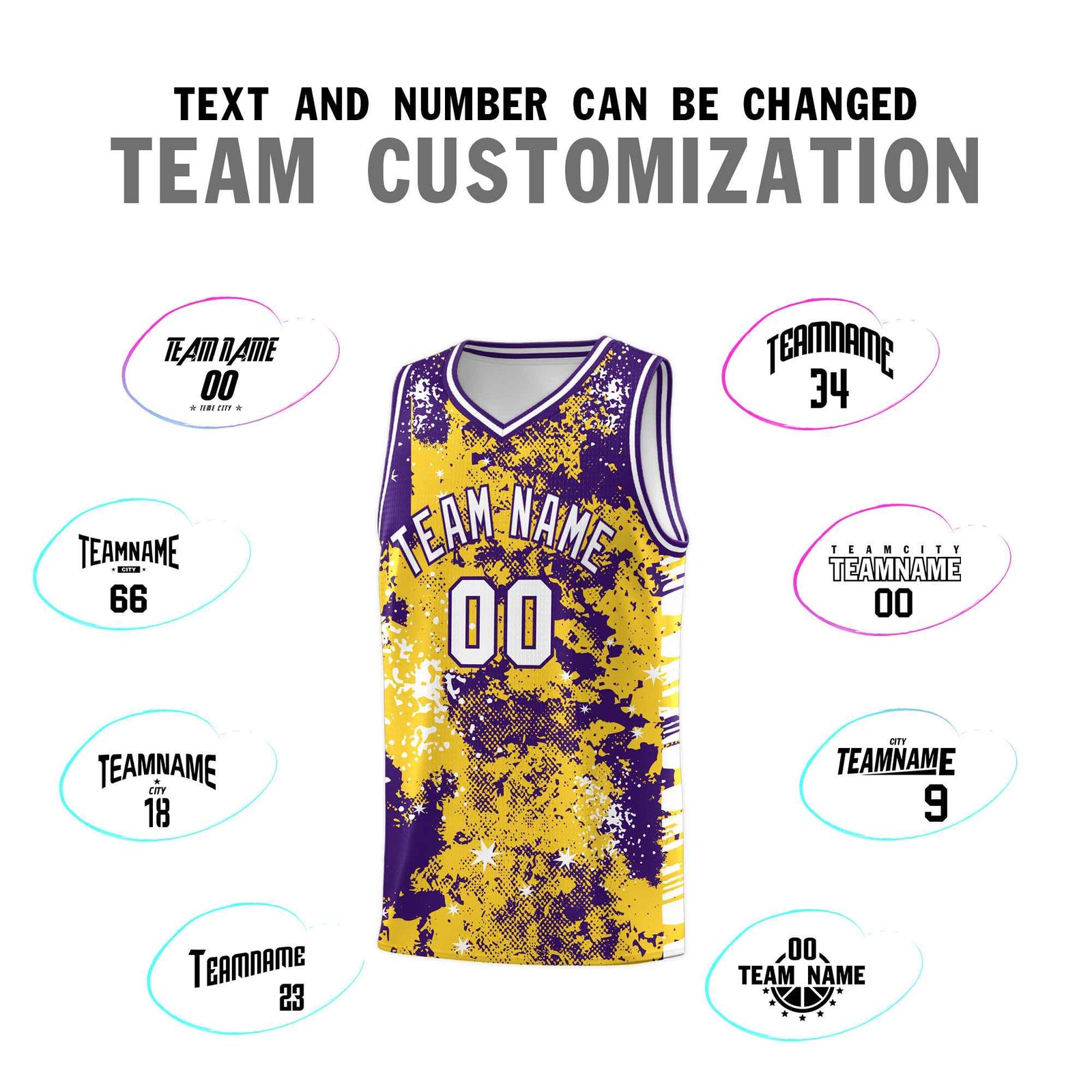 Custom Gold Purple Vice Burst Galactic Graffiti Drapable Basketball Jersey