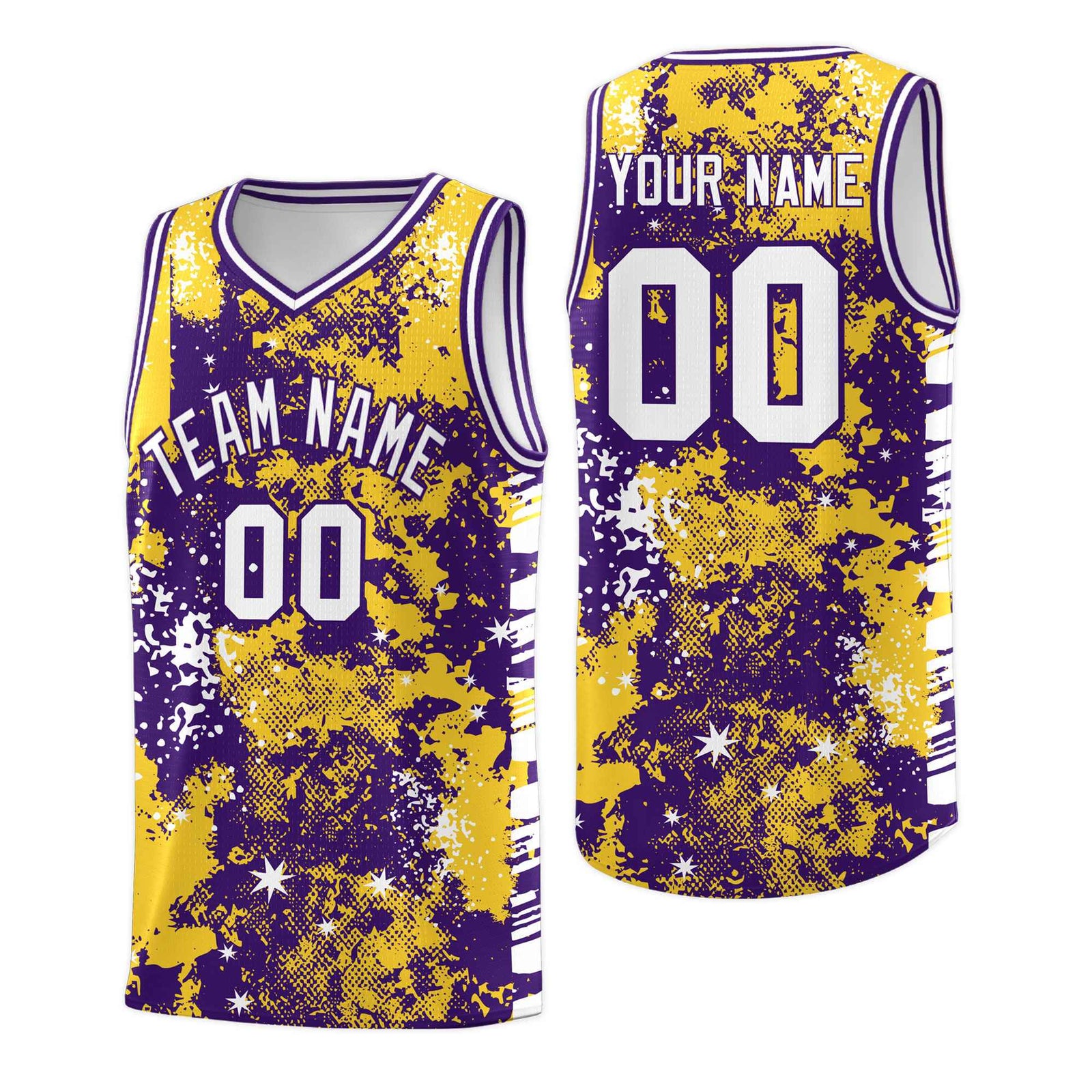 Custom Gold Purple Vice Burst Galactic Graffiti Sublimation Printing Basketball Jersey