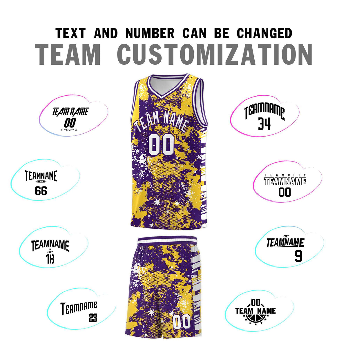 Custom Gold Purple Vice Burst Galactic Graffiti Sublimation Printing Basketball Jersey