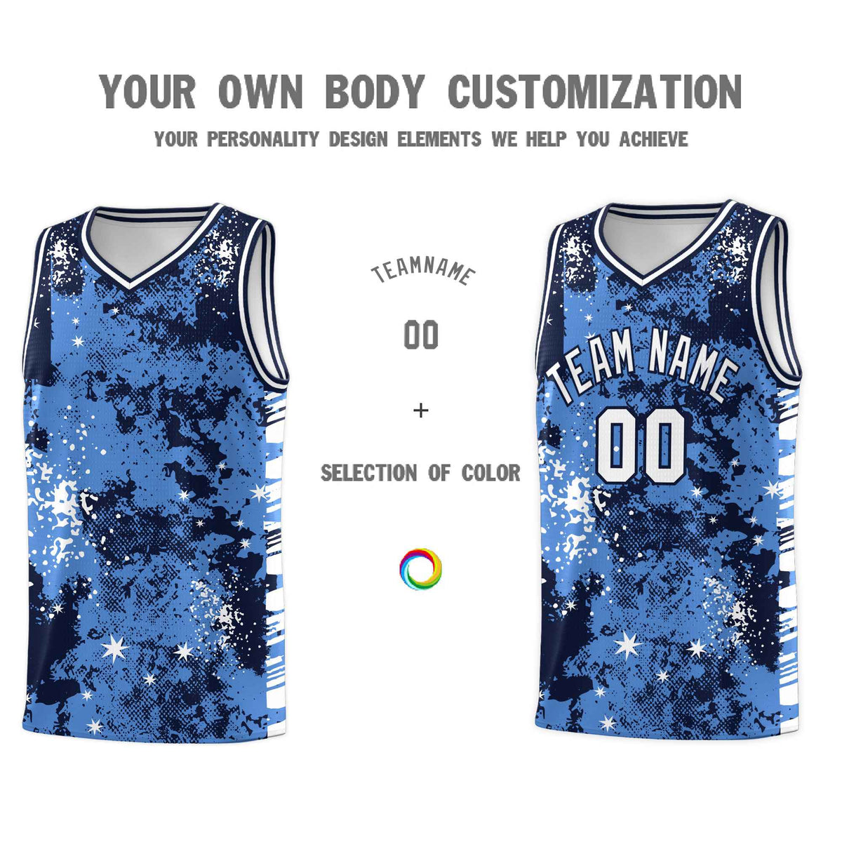 Custom Powder Blue Navy Vice Burst Galactic Graffiti Drapable Basketball Jersey
