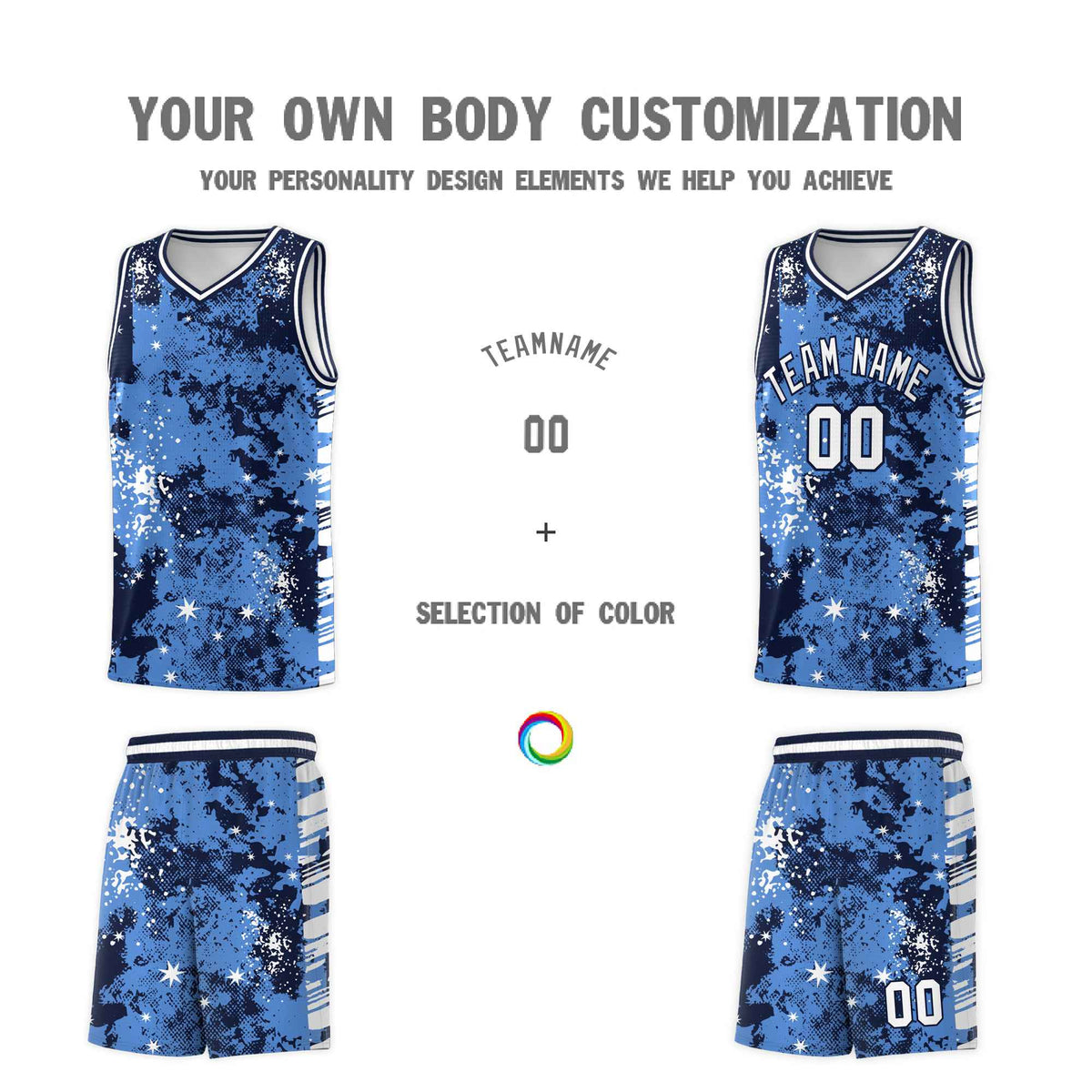 Custom Powder Blue Navy Vice Burst Galactic Graffiti Drapable Basketball Jersey