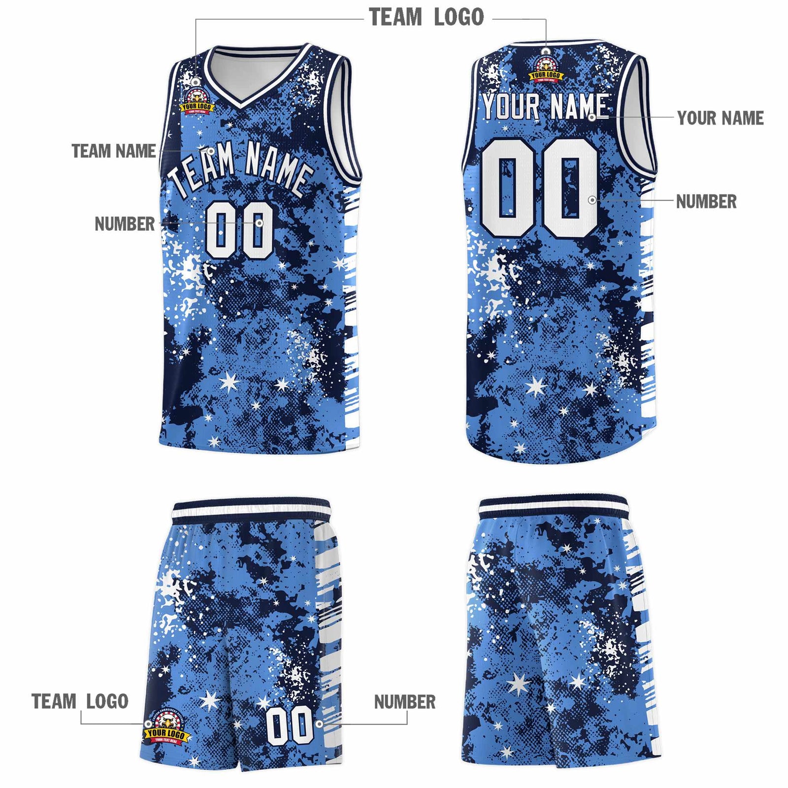 Custom Powder Blue Navy Vice Burst Galactic Graffiti Drapable Basketball Jersey