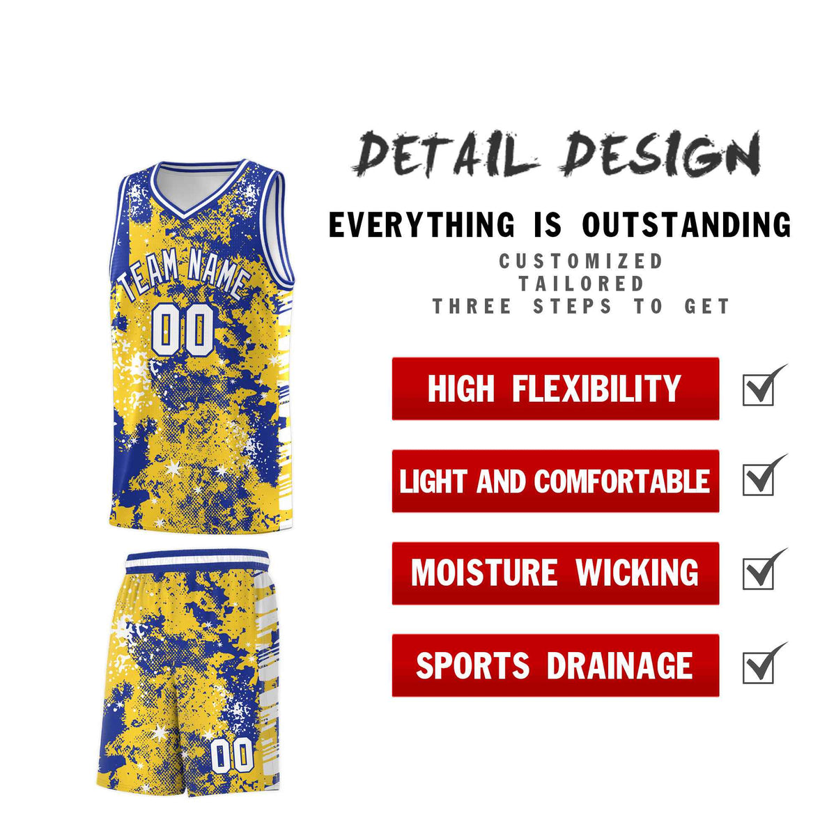 Custom Gold Royal Blue Vice Burst Galactic Graffiti Sublimation Printing Basketball Jersey