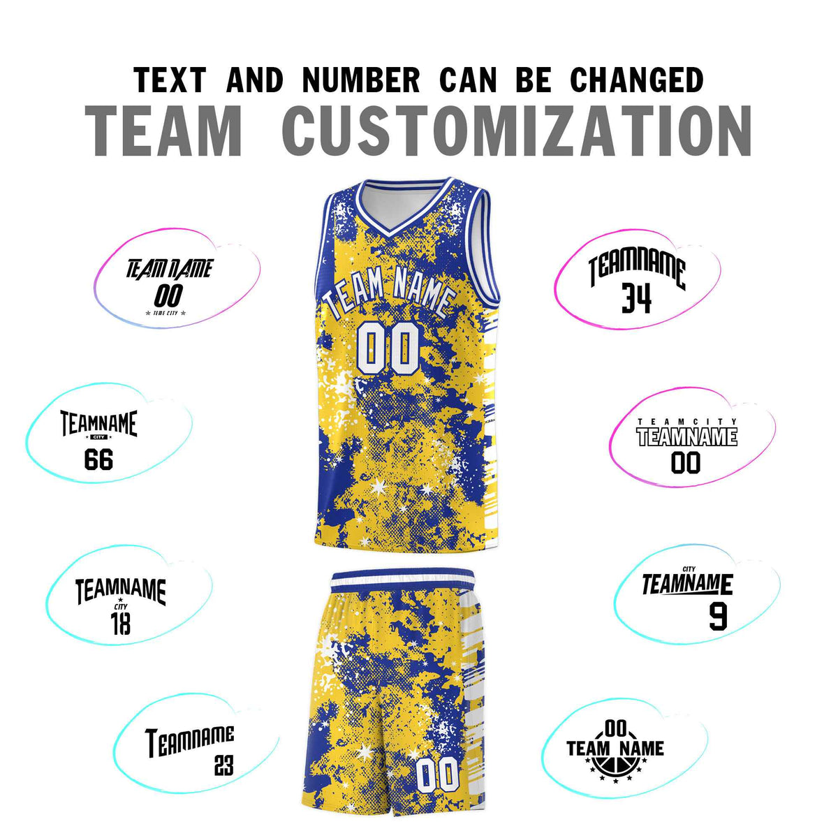 Custom Gold Royal Blue Vice Burst Galactic Graffiti Sublimation Printing Basketball Jersey
