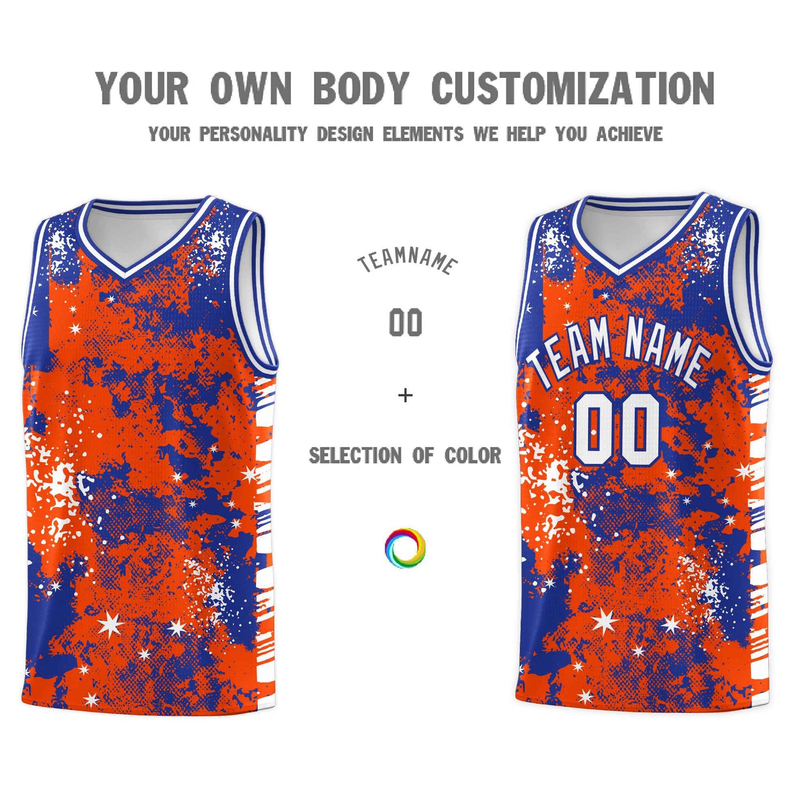 Custom Orange Royal Blue Vice Burst Galactic Graffiti Moisture-Wicking Basketball Jersey