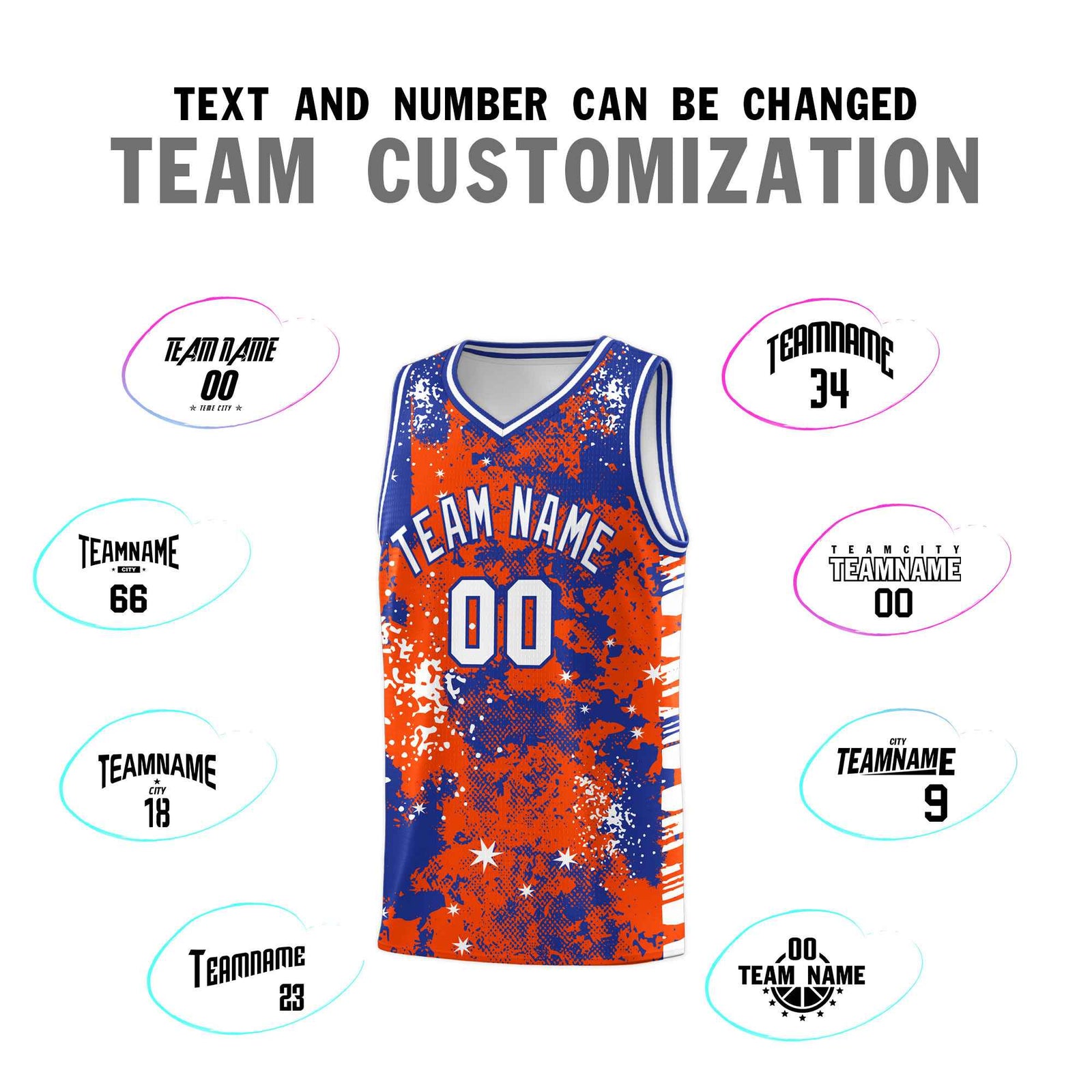 Custom Orange Royal Blue Vice Burst Galactic Graffiti Moisture-Wicking Basketball Jersey