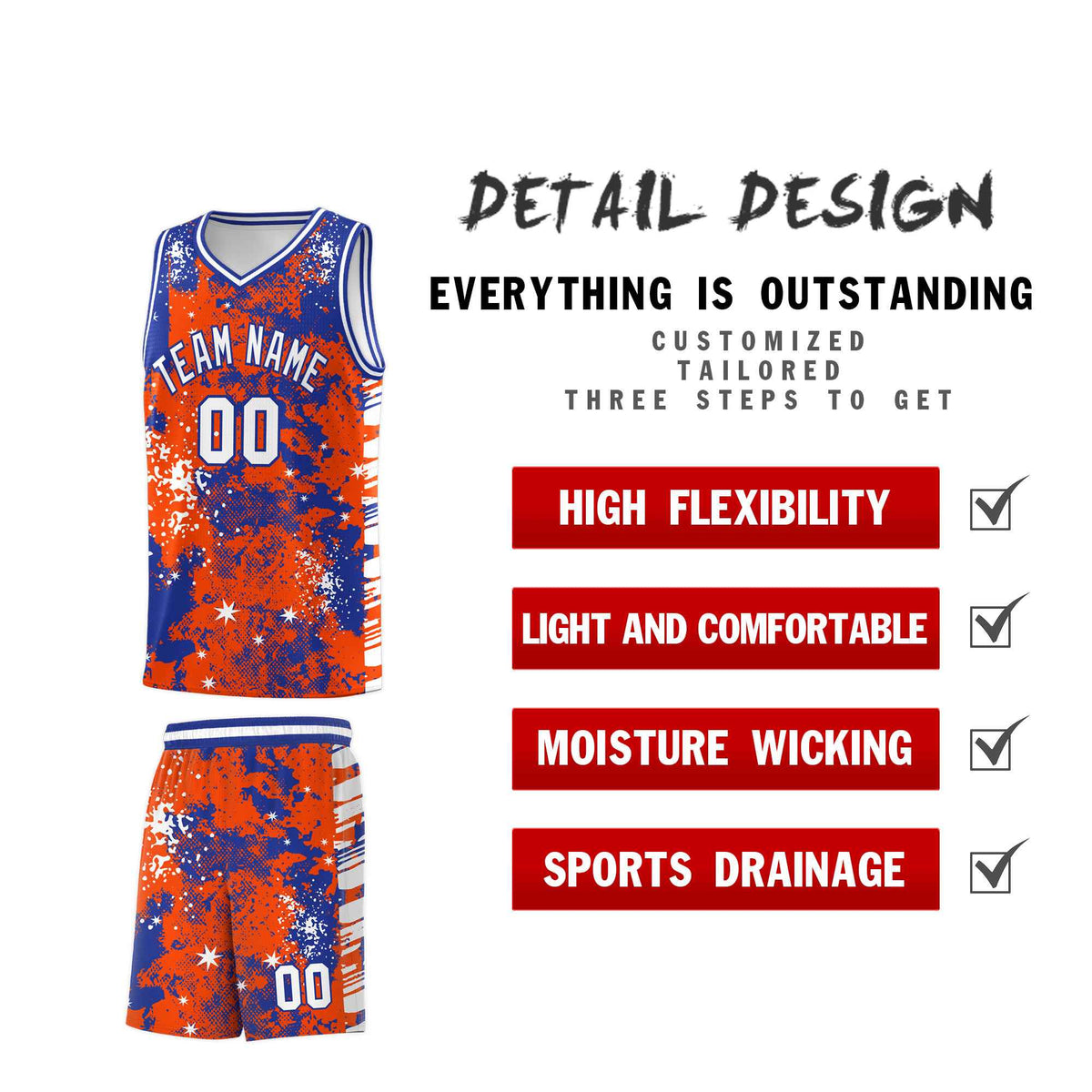 Custom Orange Royal Blue Vice Burst Galactic Graffiti Moisture-Wicking Basketball Jersey