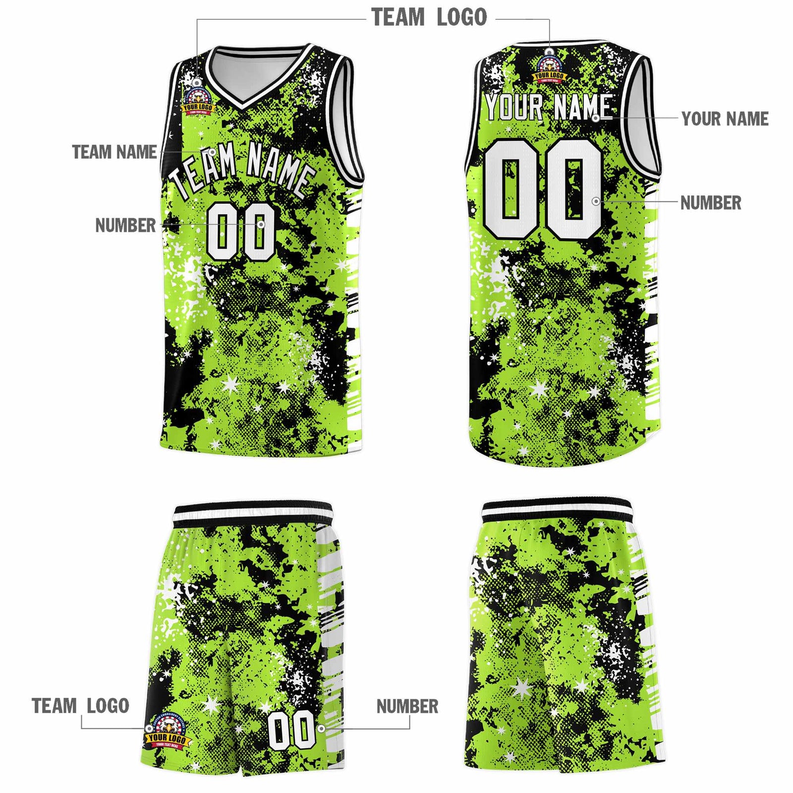 Custom Neon Green Black Vice Burst Galactic Graffiti Lightweight Basketball Jersey