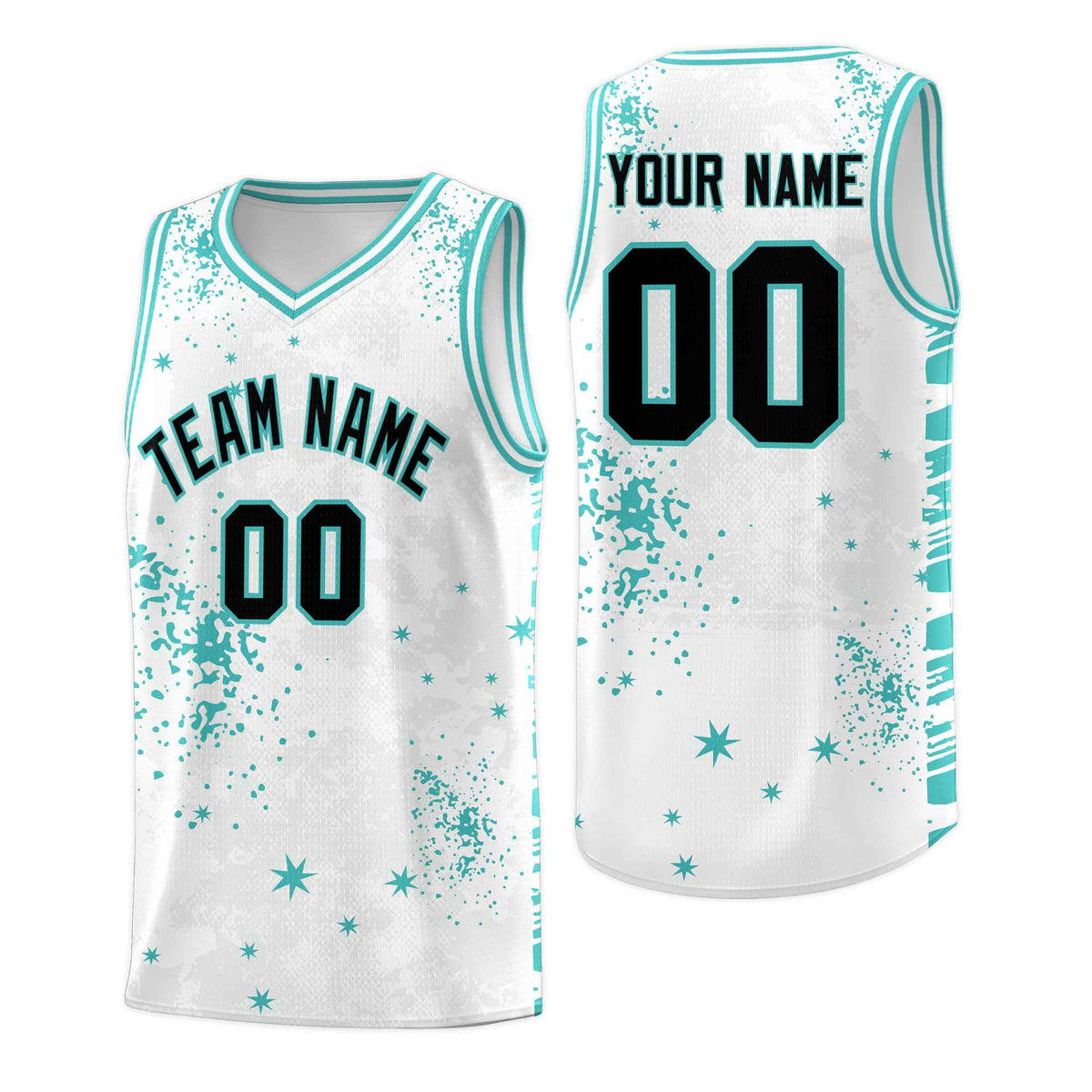 Custom White Light Teal Vice Burst Galactic Graffiti Sublimation Printing Basketball Jersey