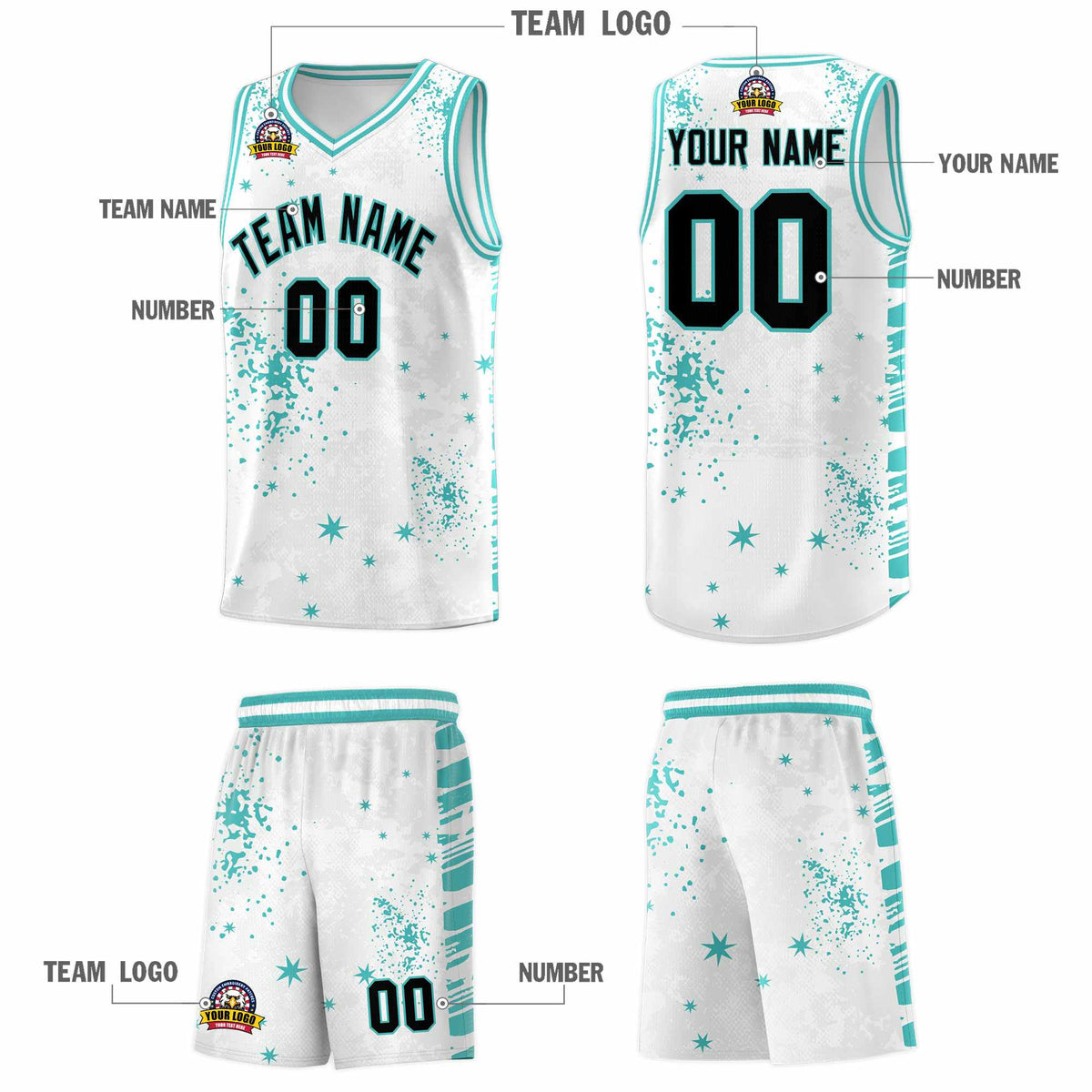 Custom White Light Teal Vice Burst Galactic Graffiti Sublimation Printing Basketball Jersey