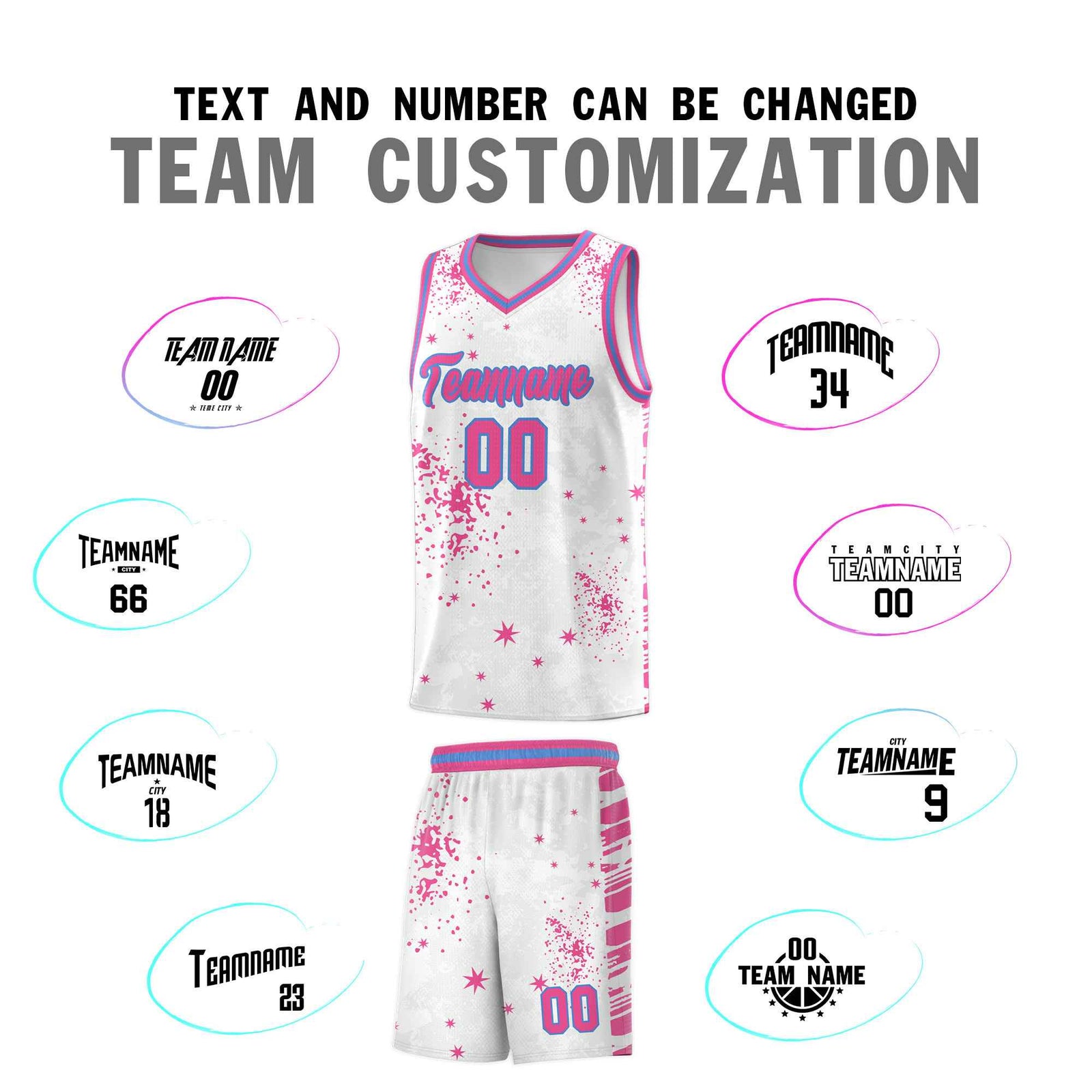 Custom Pink Powder Blue Vice Burst Galactic Graffiti Sublimation Printing Basketball Jersey