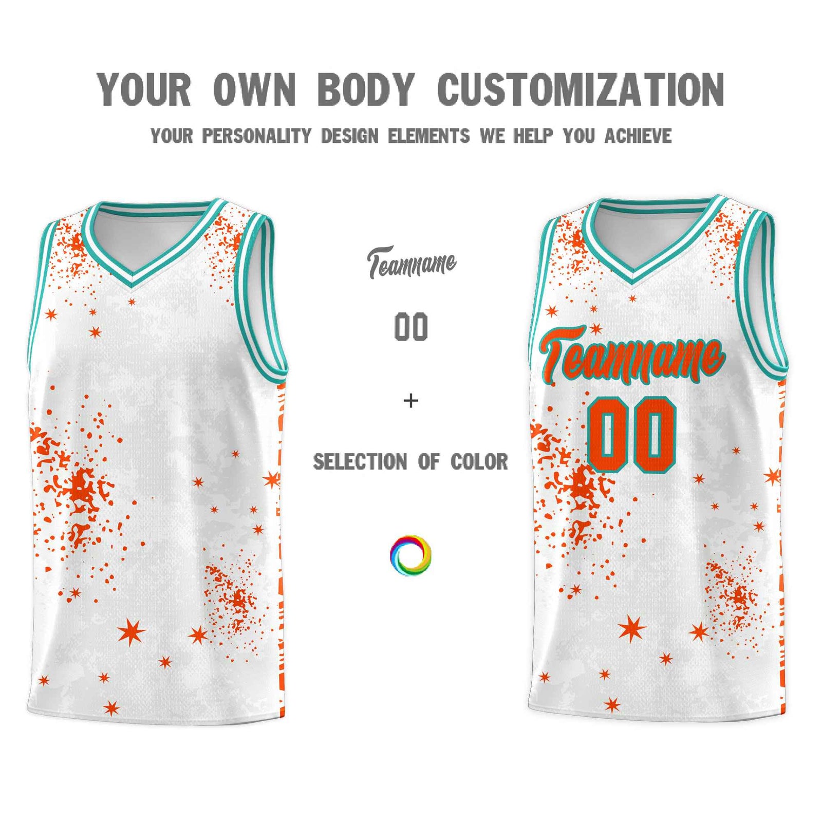 Custom Orange Aqua Vice Burst Galactic Graffiti Quick-Drying Basketball Jersey