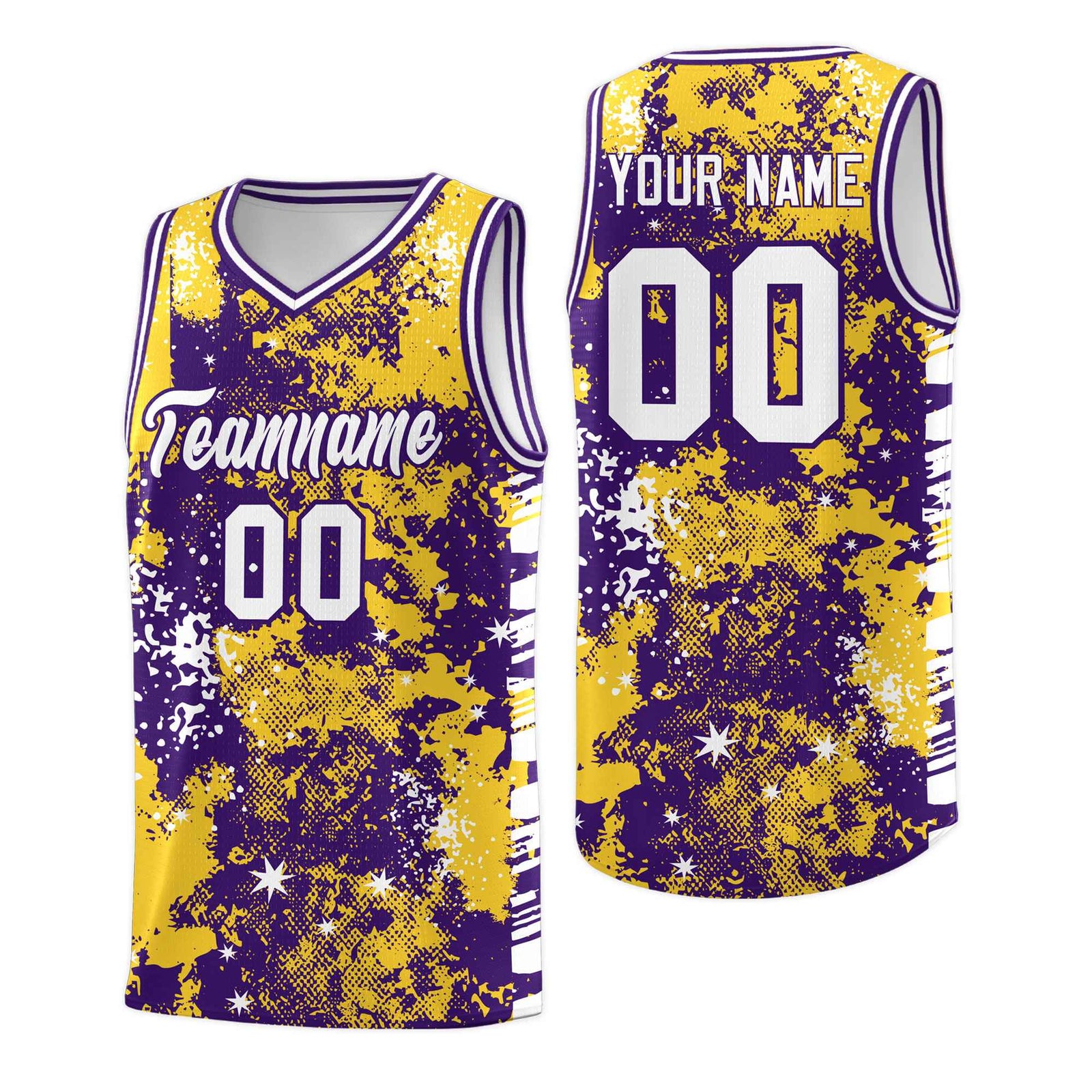 Custom Gold Purple Vice Burst Galactic Graffiti Sublimation Printing Basketball Jersey