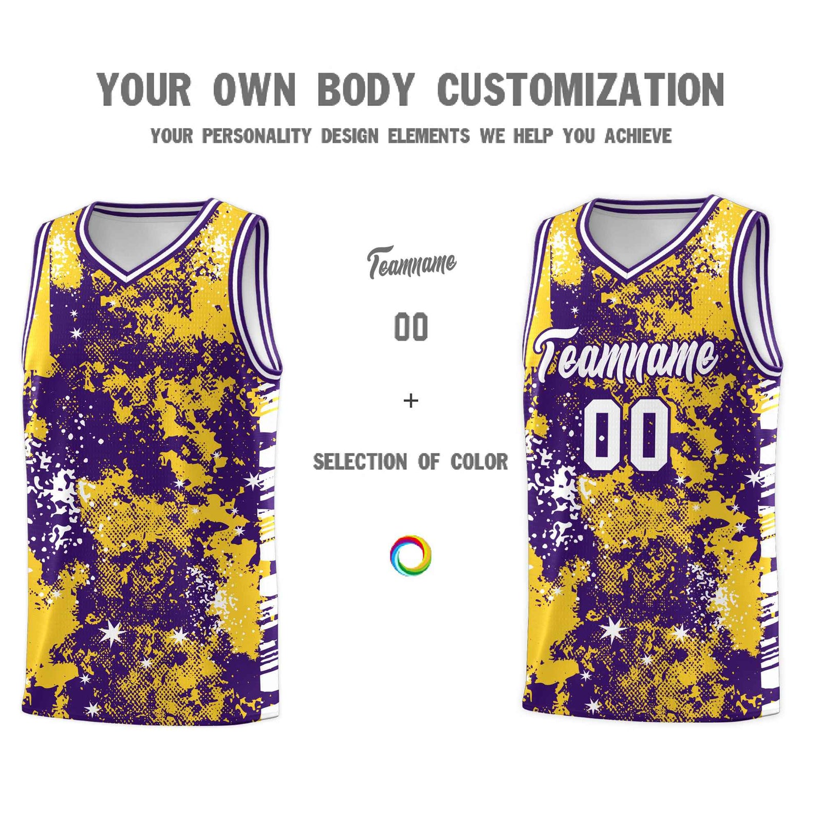 Custom Gold Purple Vice Burst Galactic Graffiti Sublimation Printing Basketball Jersey