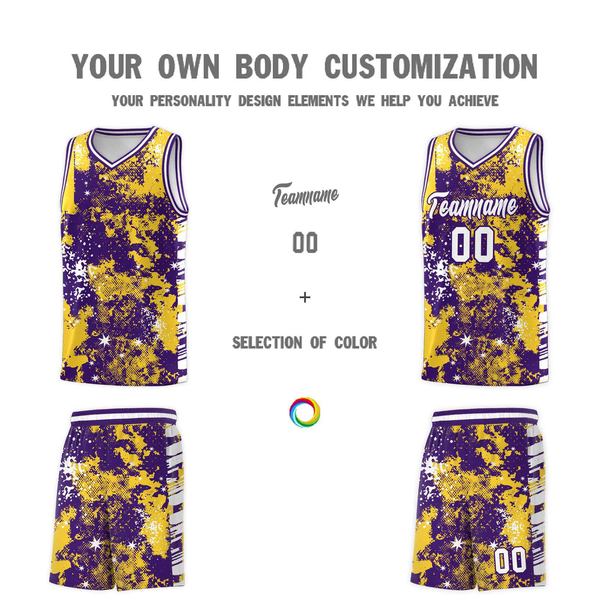 Custom Gold Purple Vice Burst Galactic Graffiti Sublimation Printing Basketball Jersey