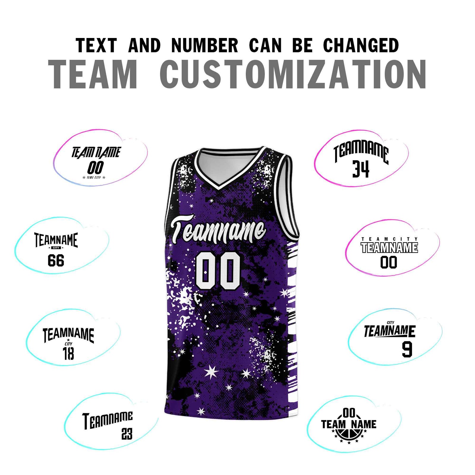 Custom Purple Black Vice Burst Galactic Graffiti Stretch Fabric Basketball Jersey