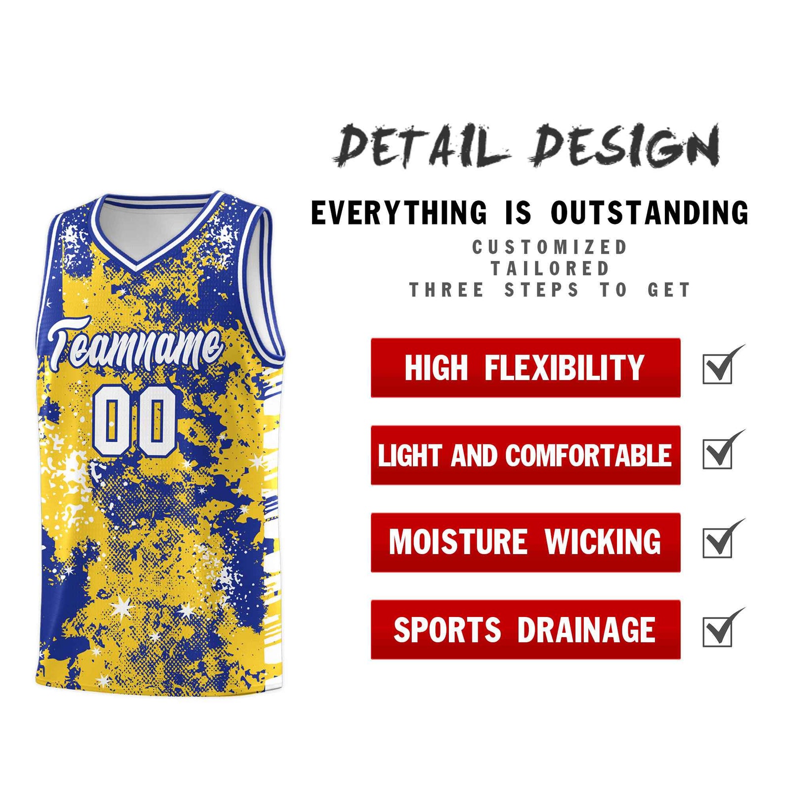 Custom Gold Royal Blue Vice Burst Galactic Graffiti Sublimation Printing Basketball Jersey