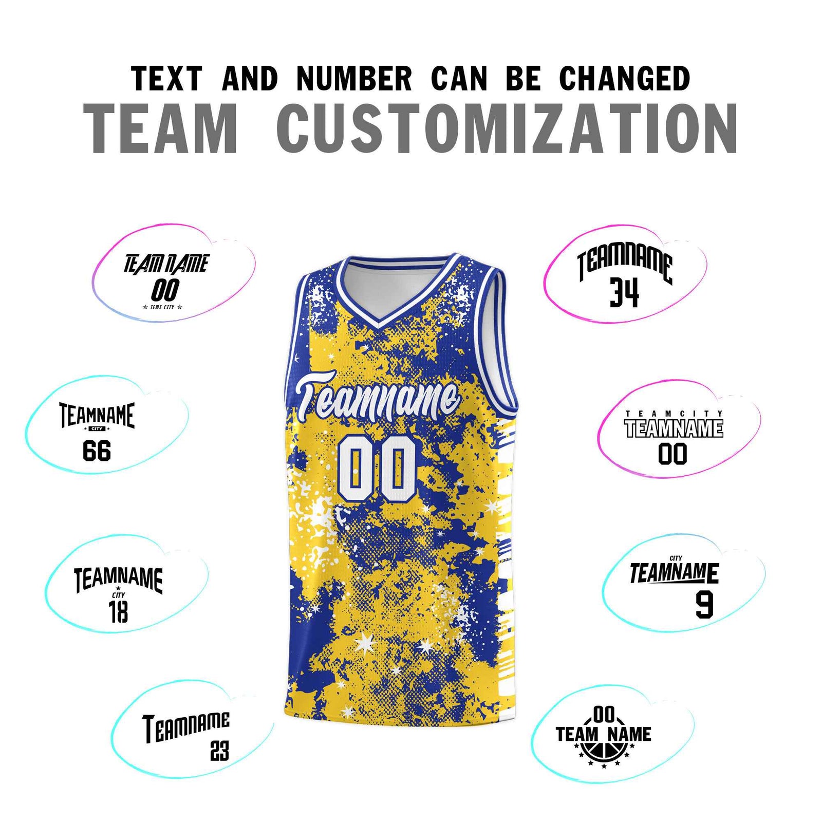 Custom Gold Royal Blue Vice Burst Galactic Graffiti Sublimation Printing Basketball Jersey