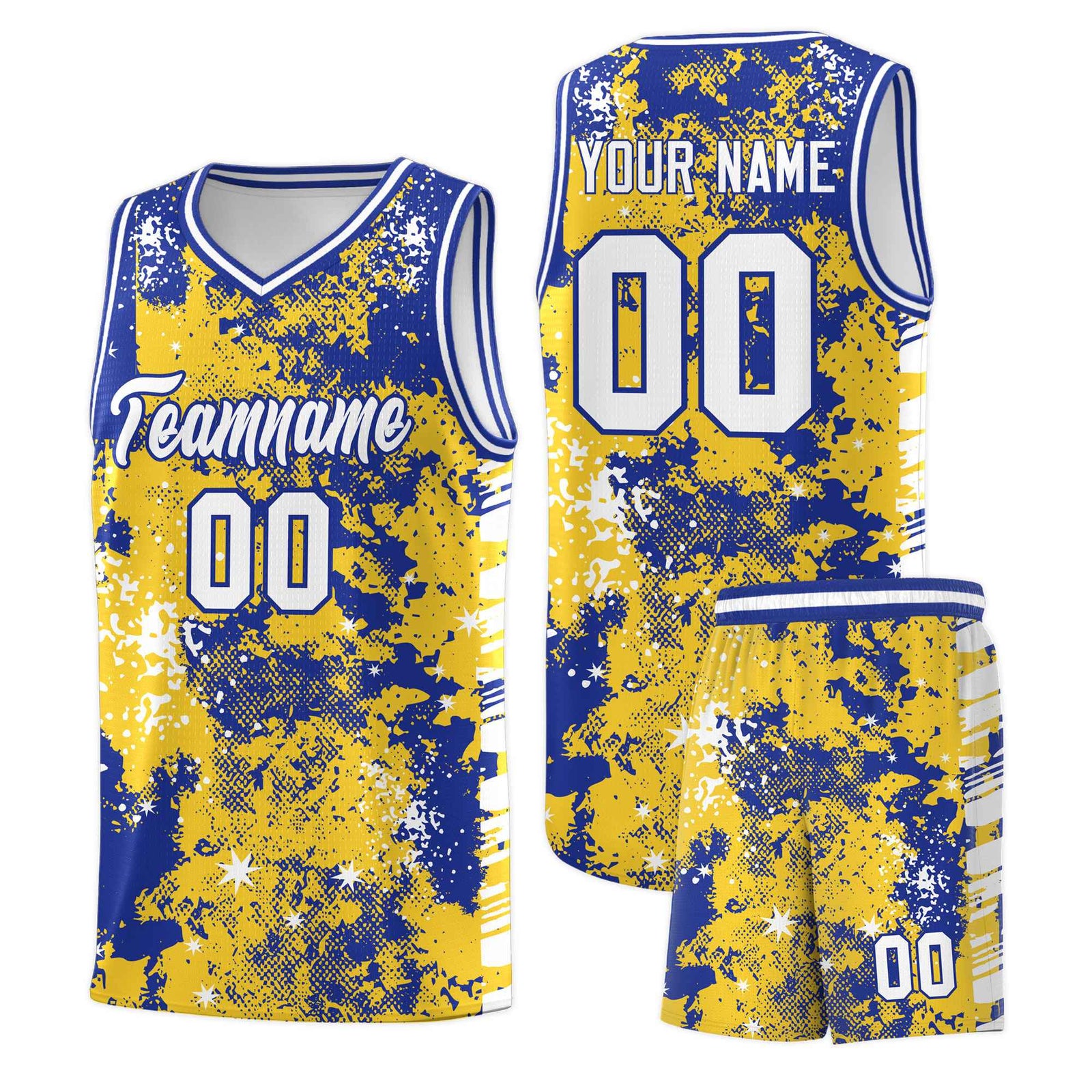 Custom Gold Royal Blue Vice Burst Galactic Graffiti Sublimation Printing Basketball Jersey
