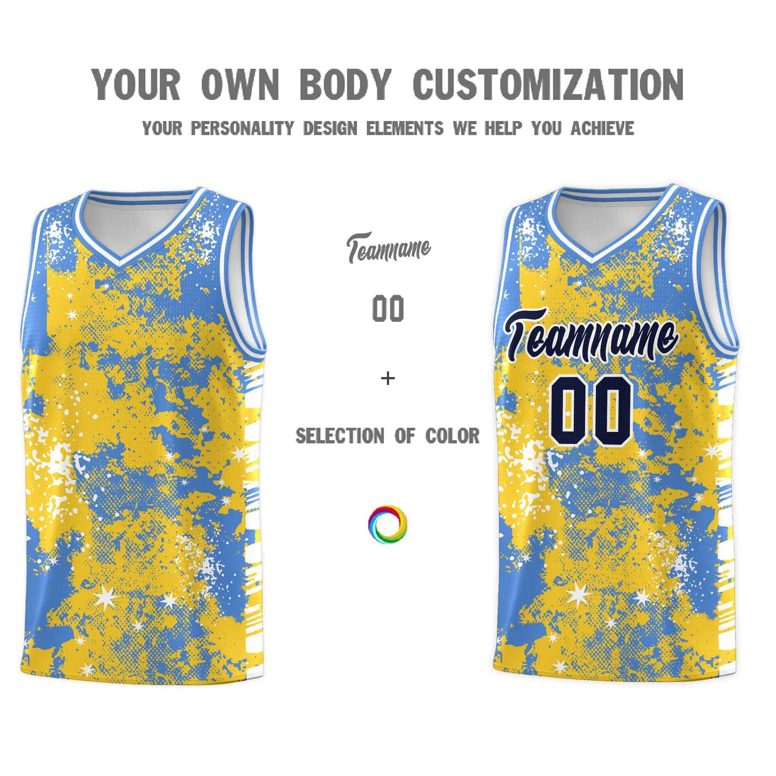 Custom Gold Powder Blue Vice Burst Galactic Graffiti Stretch Fabric Basketball Jersey