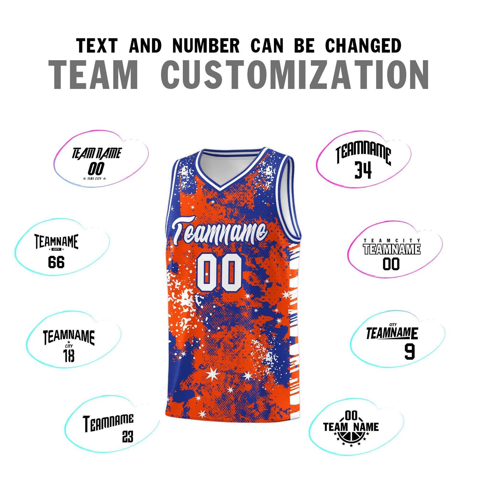 Custom Orange Royal Blue Vice Burst Galactic Graffiti Moisture-Wicking Basketball Jersey