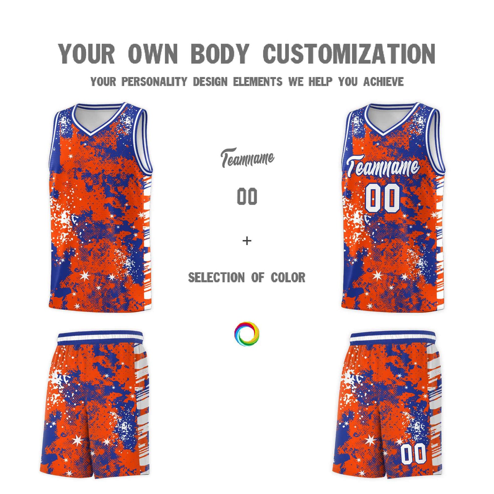Custom Orange Royal Blue Vice Burst Galactic Graffiti Moisture-Wicking Basketball Jersey
