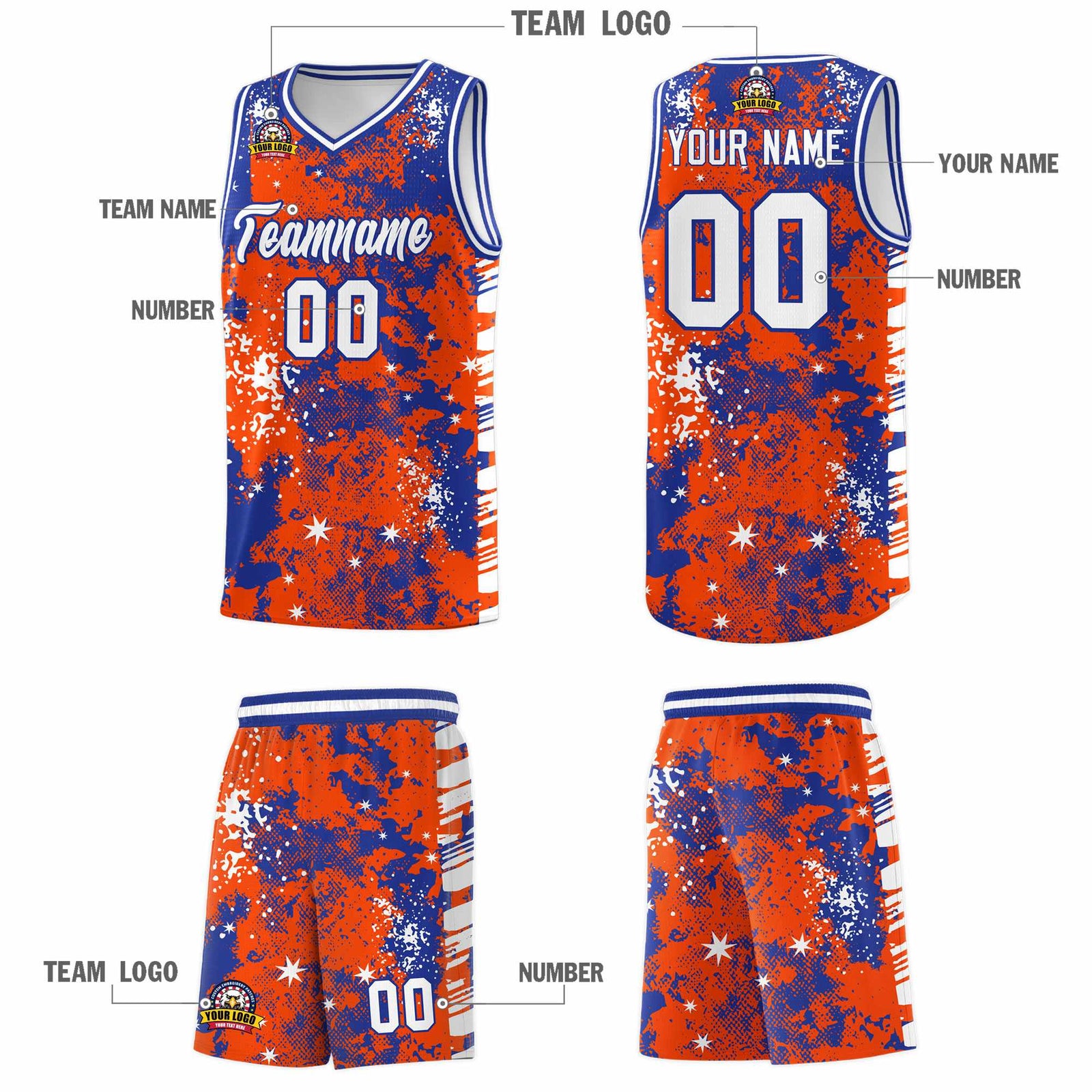 Custom Orange Royal Blue Vice Burst Galactic Graffiti Moisture-Wicking Basketball Jersey