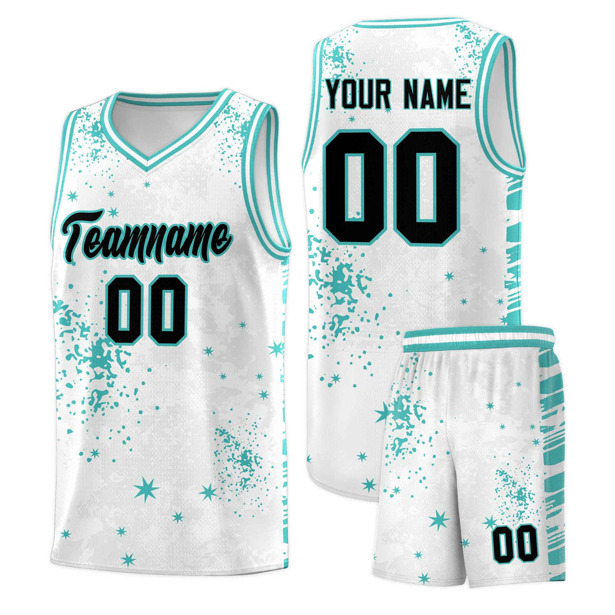 Custom White Light Teal Vice Burst Galactic Graffiti Sublimation Printing Basketball Jersey