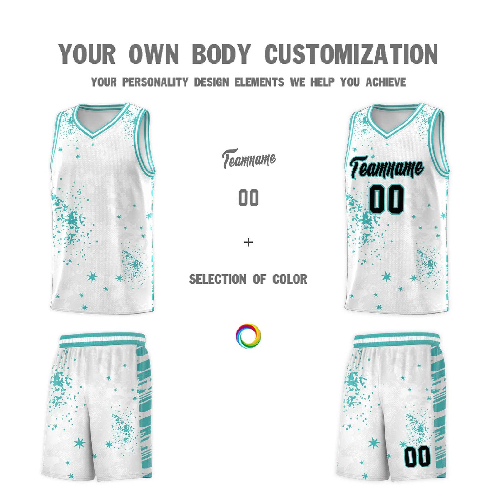 Custom White Light Teal Vice Burst Galactic Graffiti Sublimation Printing Basketball Jersey