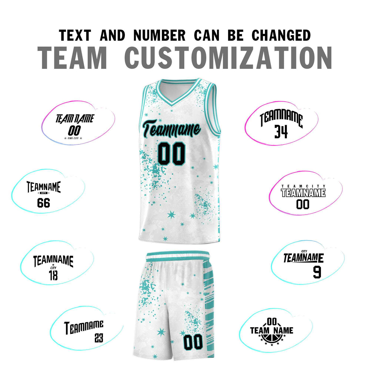 Custom White Light Teal Vice Burst Galactic Graffiti Sublimation Printing Basketball Jersey