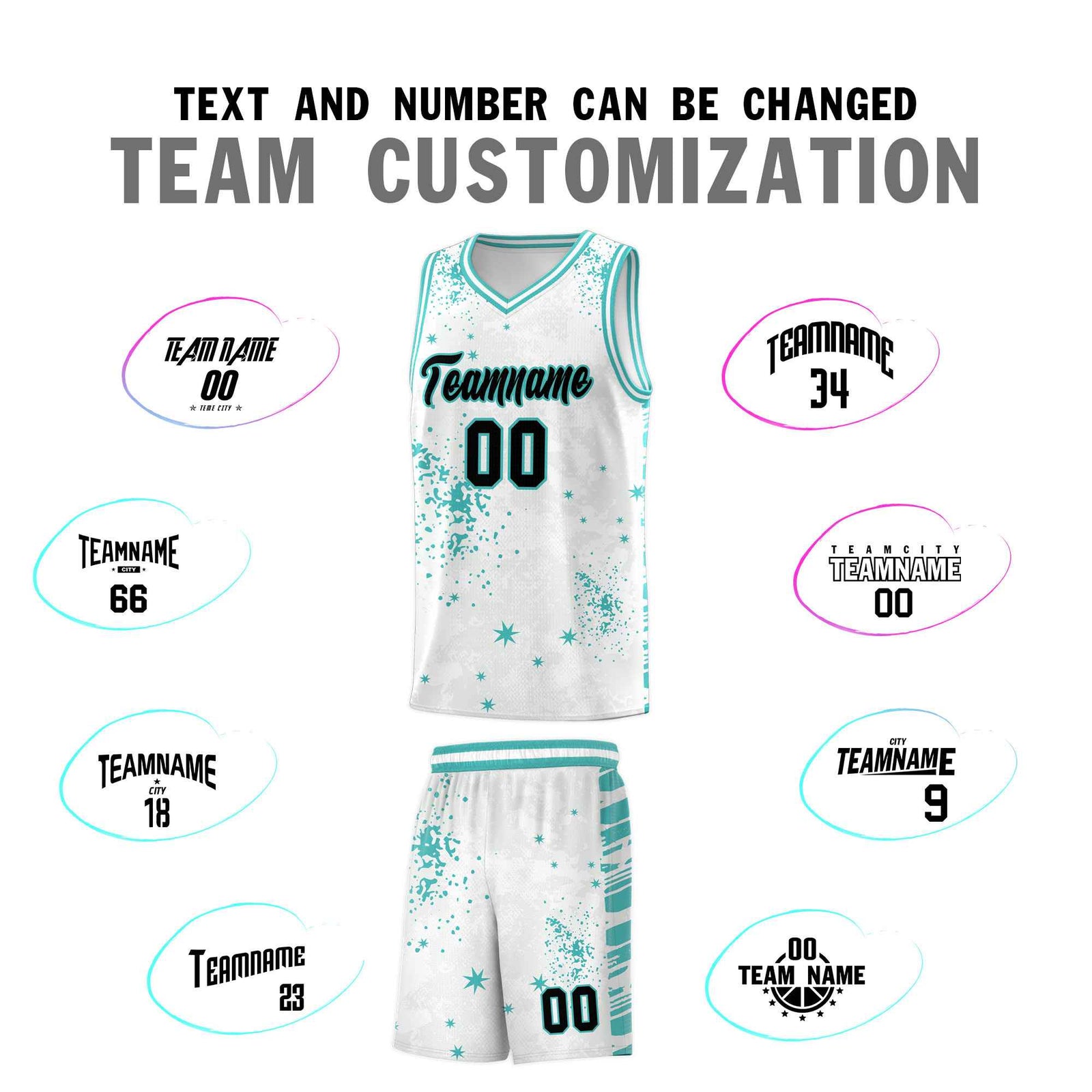 Custom White Light Teal Vice Burst Galactic Graffiti Sublimation Printing Basketball Jersey