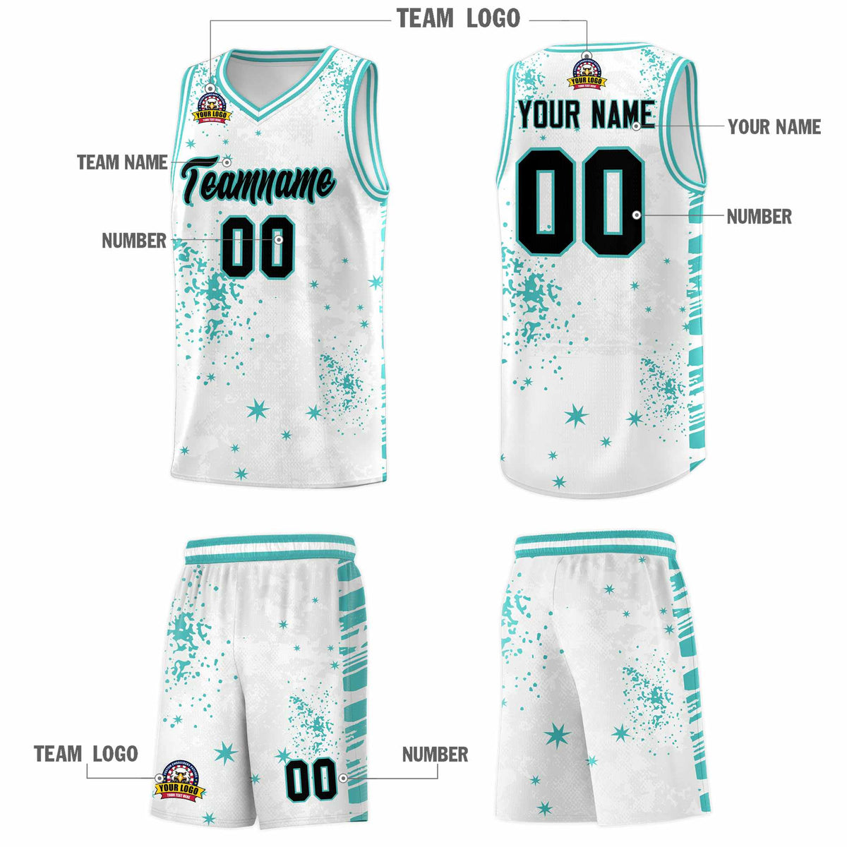 Custom White Light Teal Vice Burst Galactic Graffiti Sublimation Printing Basketball Jersey
