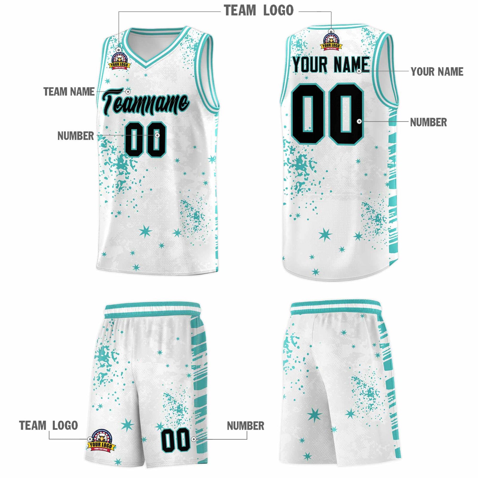 Custom White Light Teal Vice Burst Galactic Graffiti Sublimation Printing Basketball Jersey